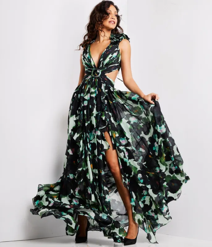 Jovani Multicolor Floral Print Cut Out Gown sold by Unique Vintage