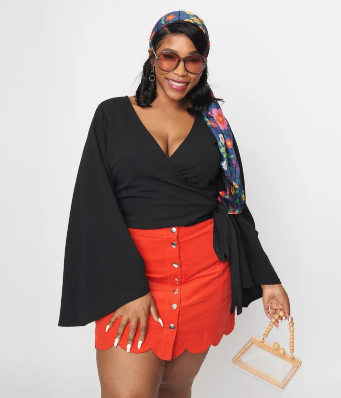 Smak Parlour 1970s Black Bell Sleeve Wrap Top sold by Unique Vintage