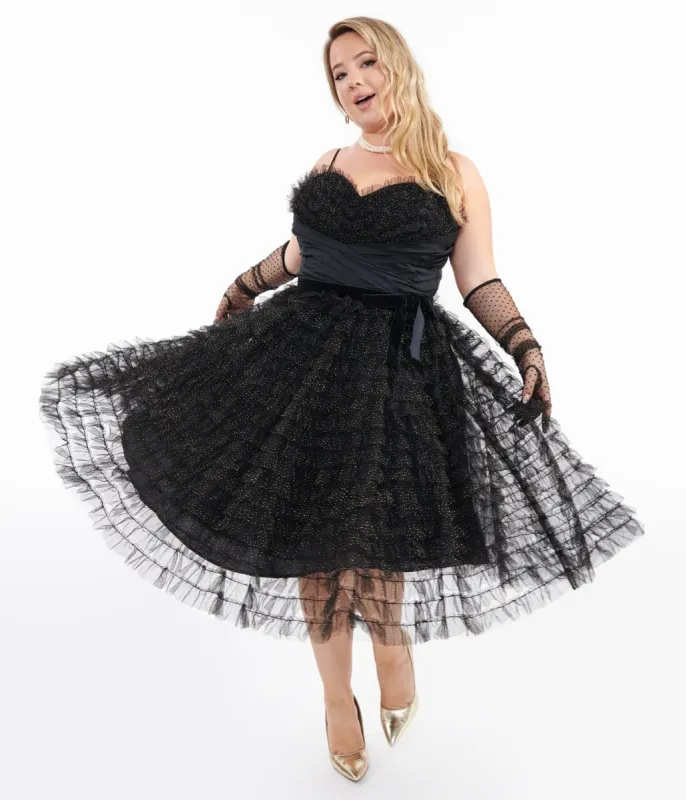 Unique Vintage Plus Size 1950s Black & Gold Glitter Tulle Cupcake Swing Dress sold by Unique Vintage