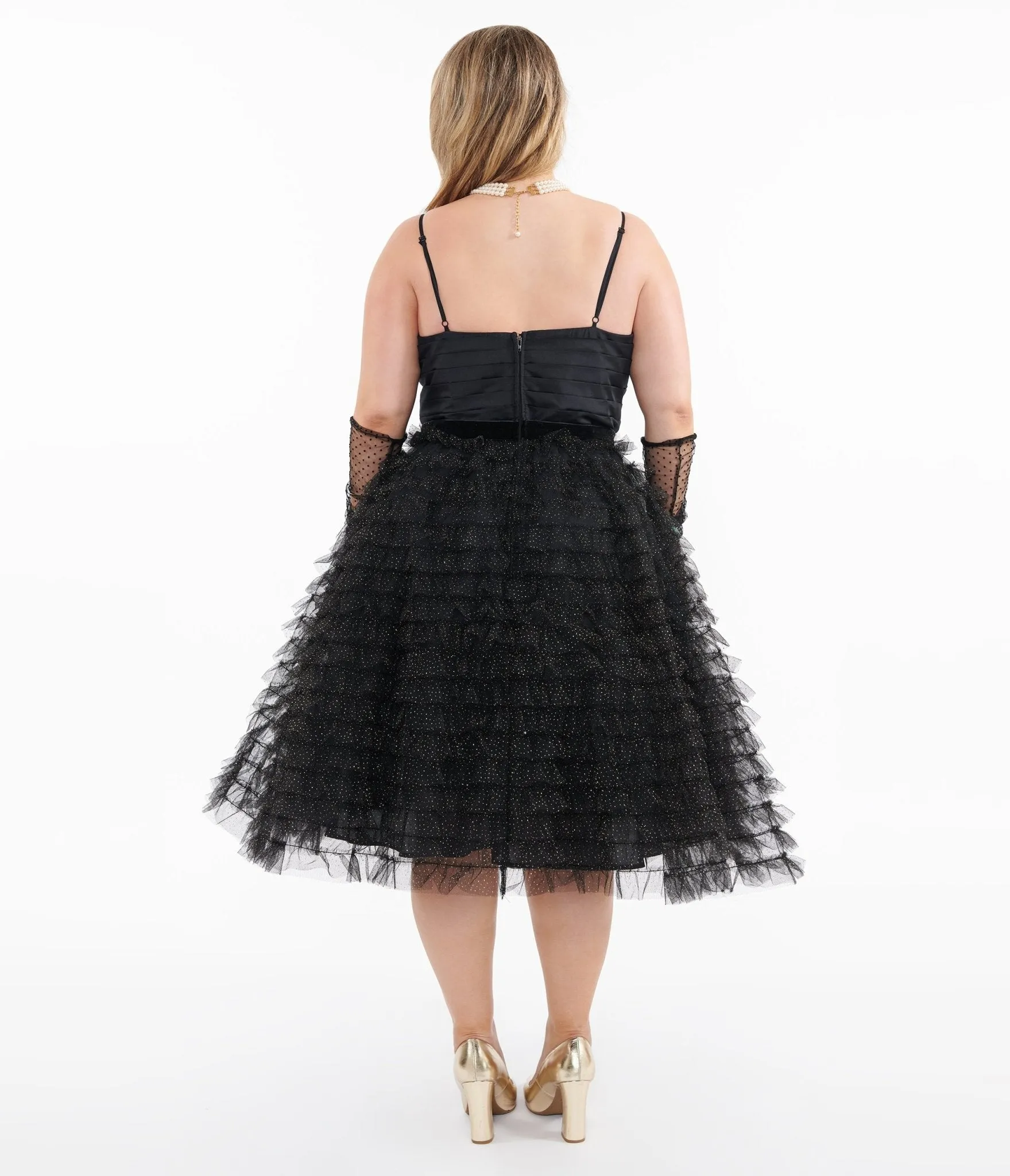 Unique Vintage Plus Size 1950s Black & Gold Glitter Tulle Cupcake Swing Dress sold by Unique Vintage product image thumbnail 2