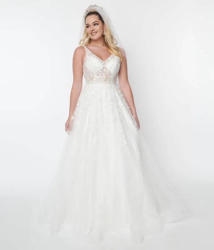 Ivory Floral Lace & Tulle Wedding Ball Gown sold by Unique Vintage