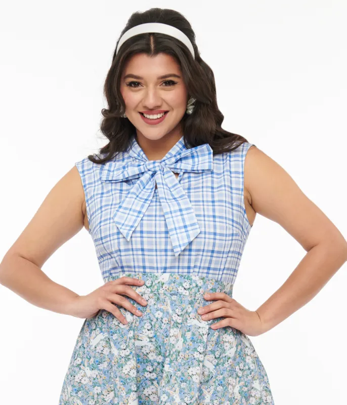 Retrolicious 1950s Blue Plaid Cotton Bow Top sold by Unique Vintage