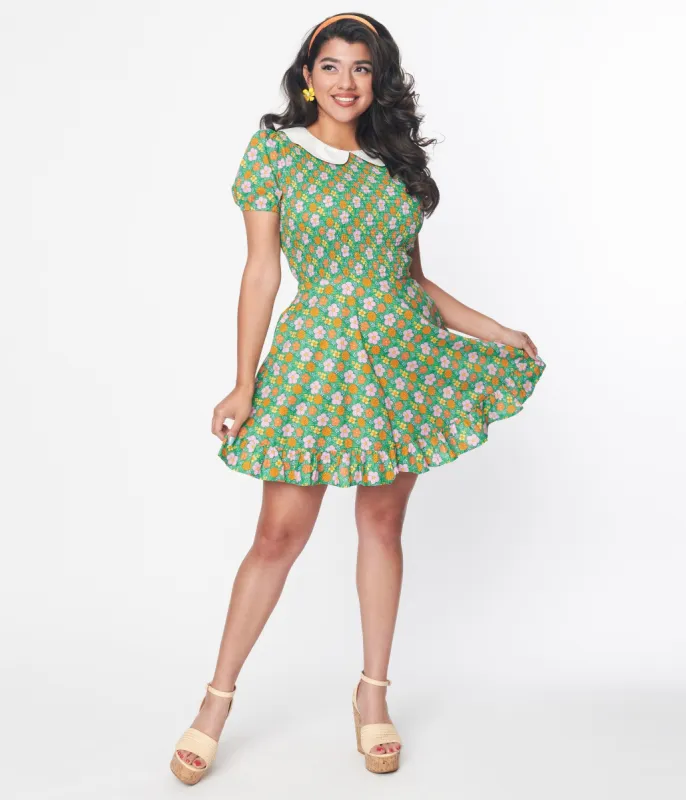 Smak Parlour 1960s Green Floral Smocked Fit & Flare Dress sold by Unique Vintage