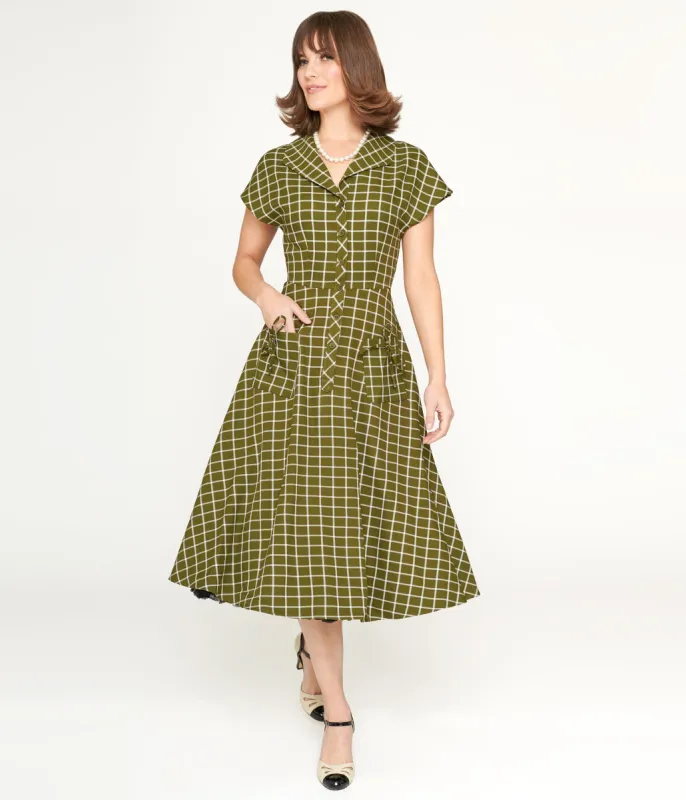 Collectif Green & White Checked Liza Acres Swing Dress sold by Unique Vintage