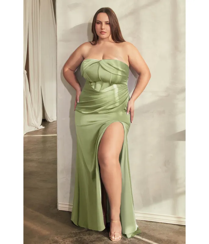Cinderella Divine  Plus Size Sage Satin Pleated Strapless Corset Evening Gown sold by Unique Vintage