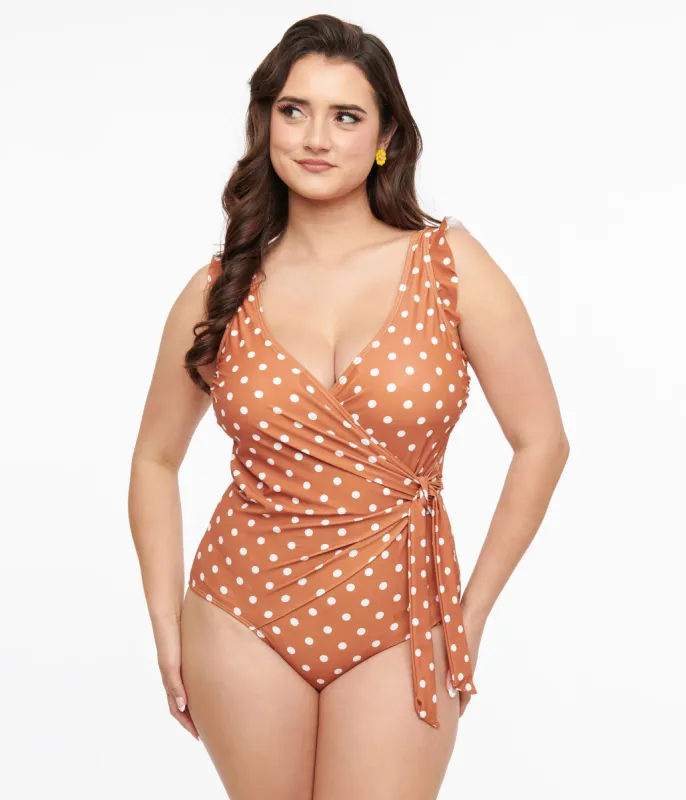 Brown & White Polka Dot Wrap One Piece Swimsuit sold by Unique Vintage