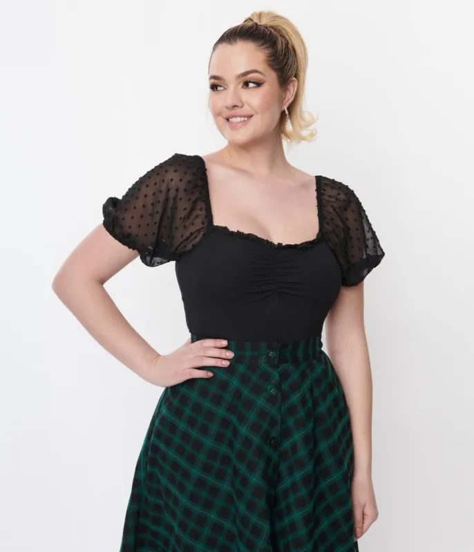Unique Vintage 1940s Black Clip Dot Chiffon Puff Sleeve Bodysuit sold by Unique Vintage