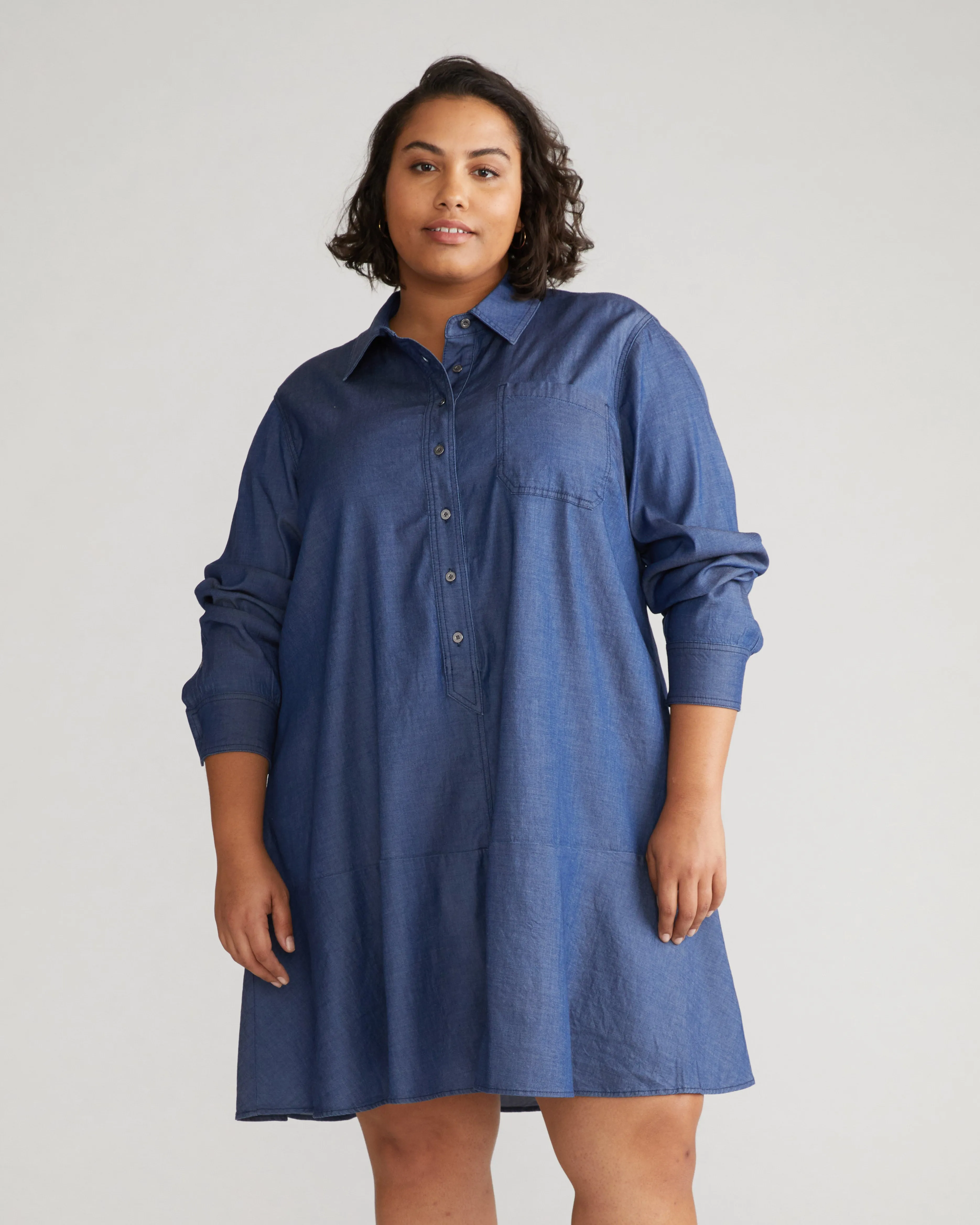 Perfect Tencel Chambray Drop Waist Shirtdress - Midnight Blue sold by Universal Standard