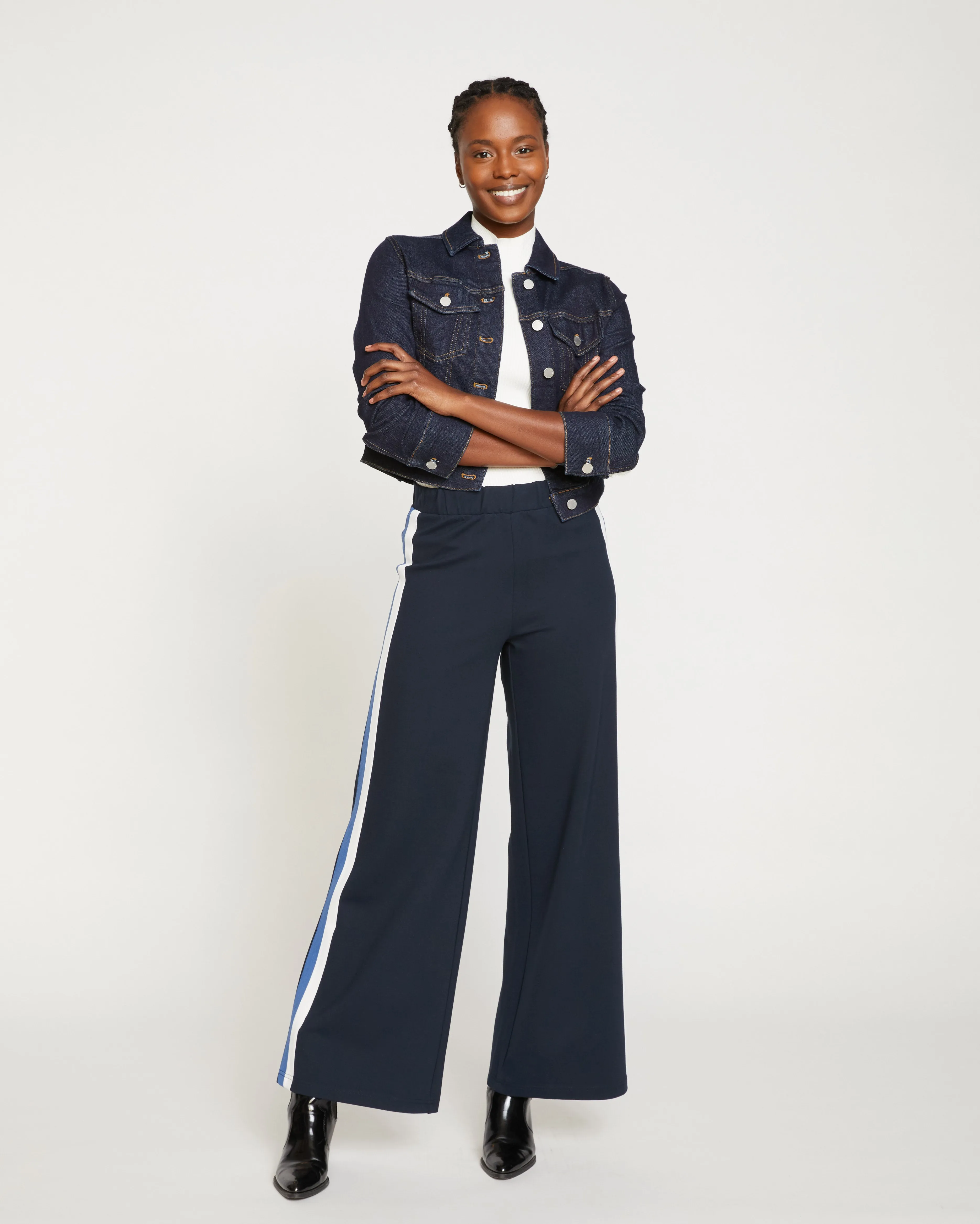 Stephanie Wide Leg Stripe Ponte Pants 33 Inch - Navy with Blue/White Stripe sold by Universal Standard