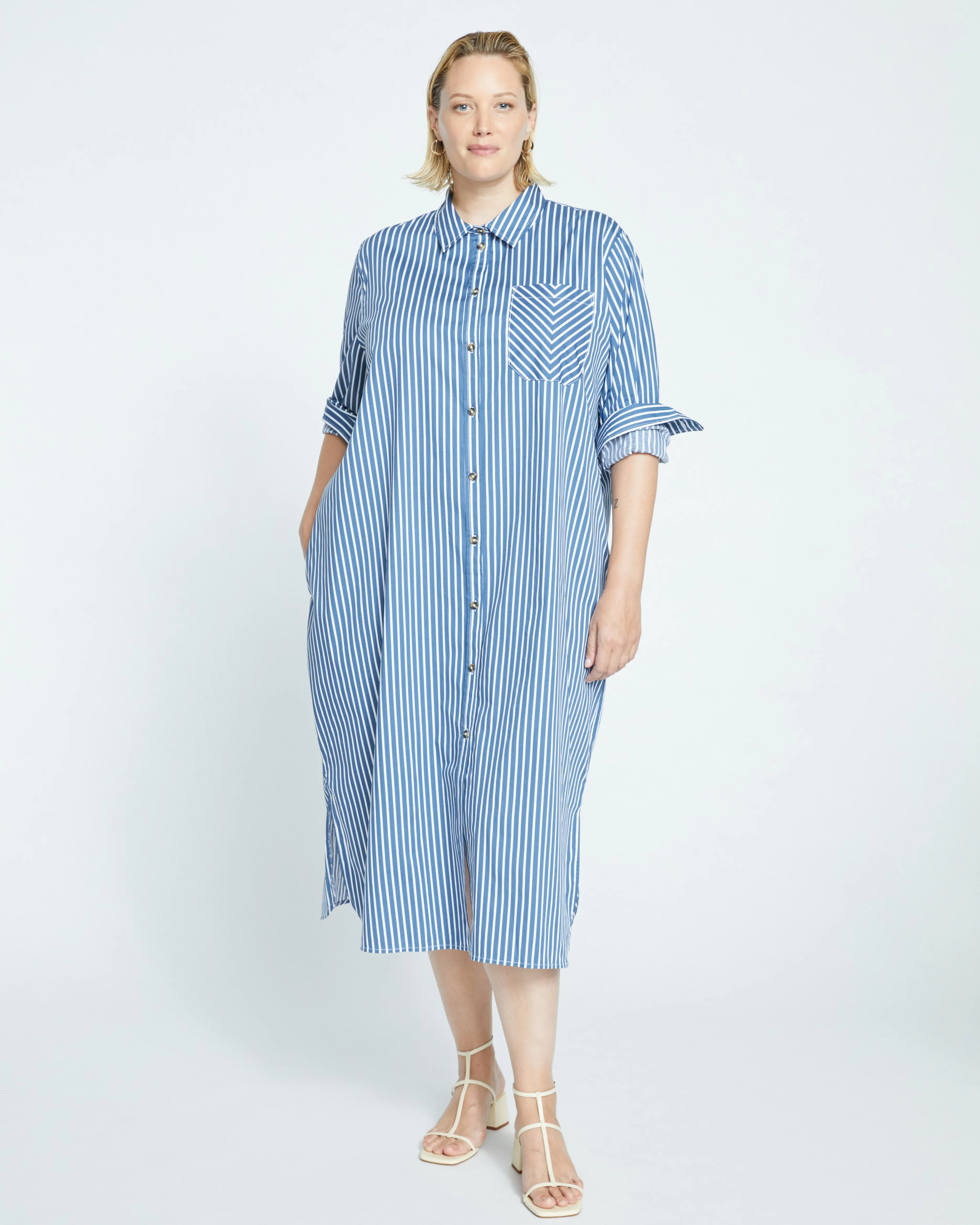 Odeon Stretch Poplin Shirtdress - Bleu Scolaire/White Stripe sold by Universal Standard