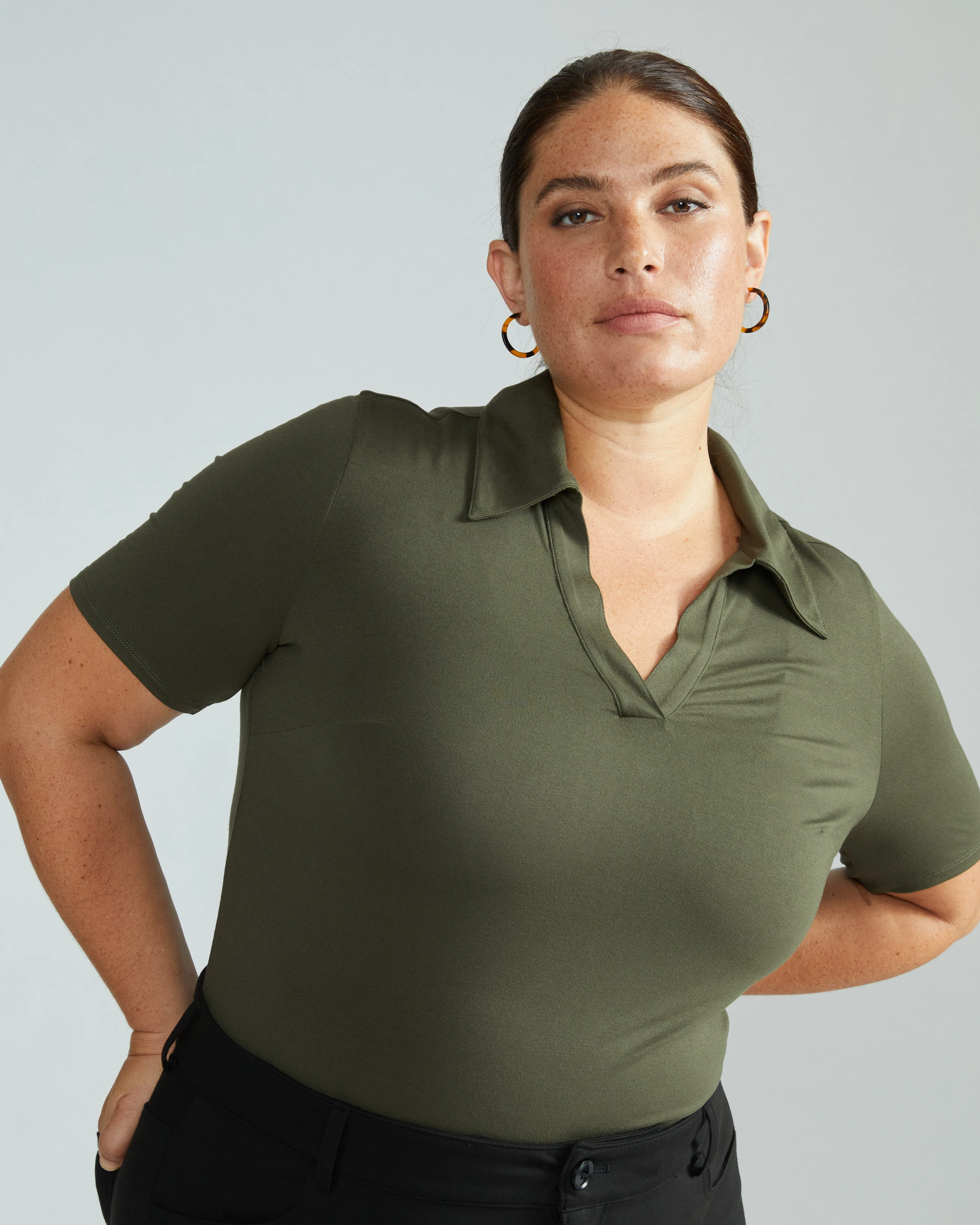 Apero Liquid Jersey Polo Top - Dark Olive sold by Universal Standard