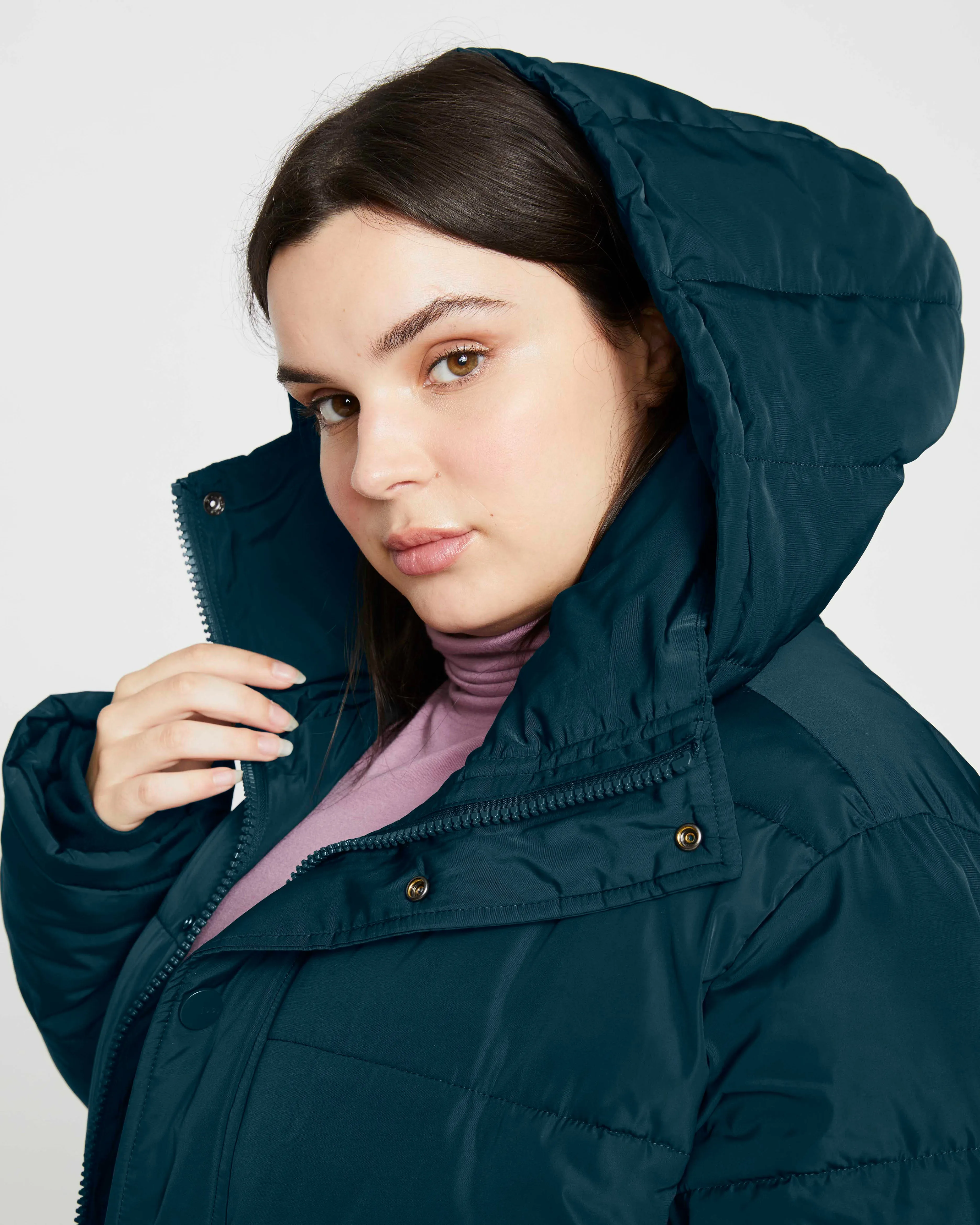 Rainier Short Hooded Puffer - Deep Sea sold by Universal Standard