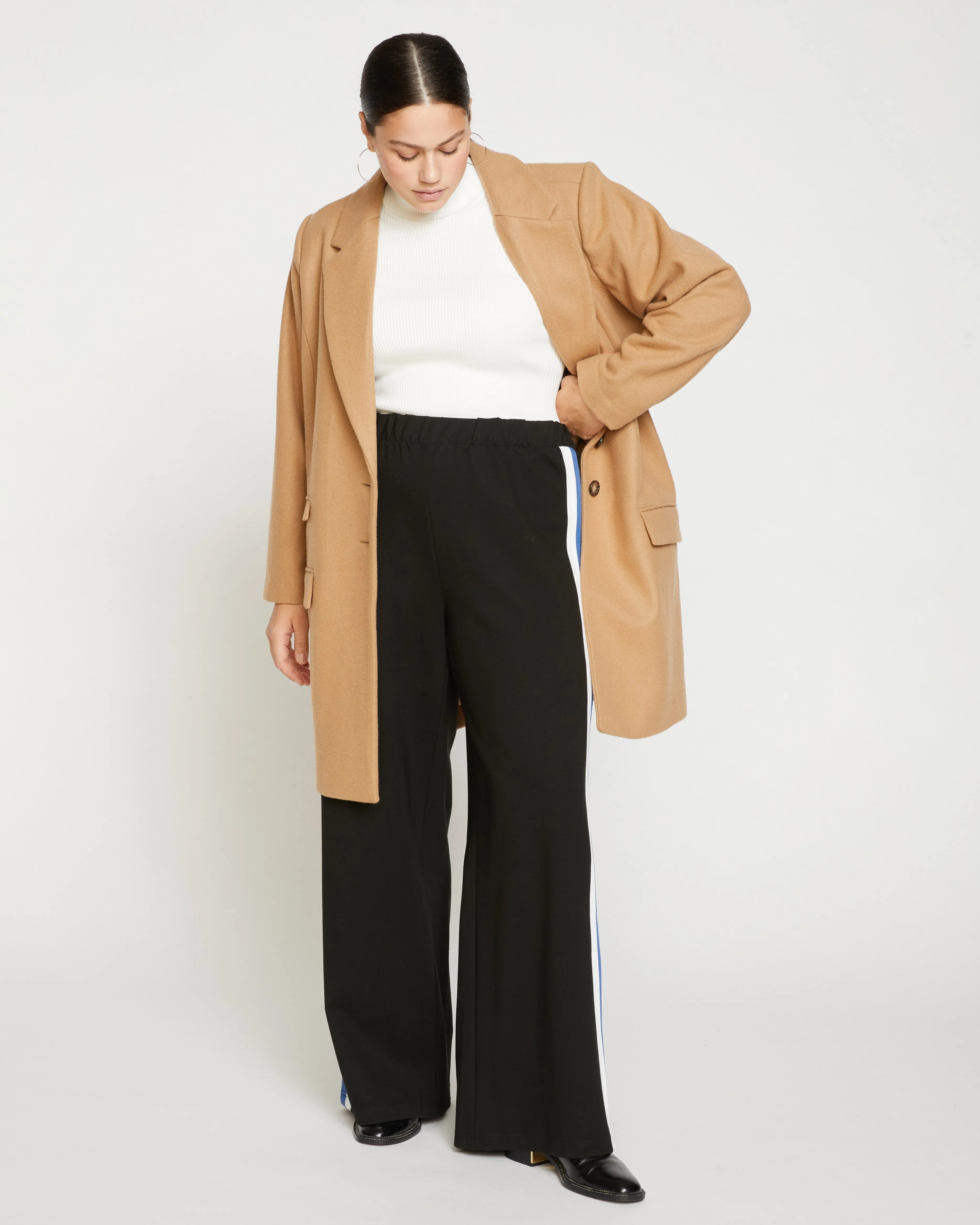 Stephanie Wide Leg Stripe Ponte Pants 33 Inch - Black with Blue/White Stripe sold by Universal Standard