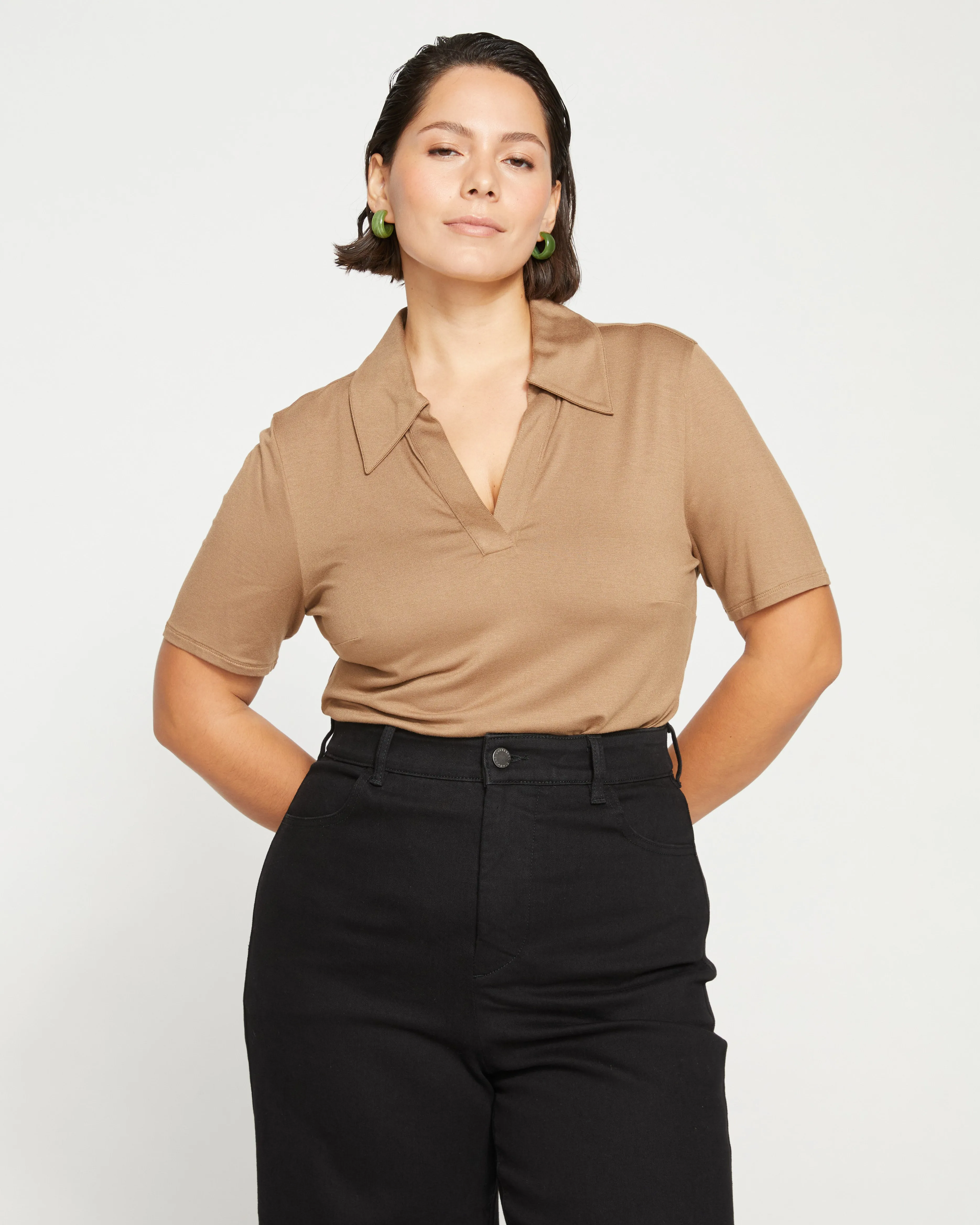 Apero Liquid Jersey Polo Top - Malt Ball sold by Universal Standard