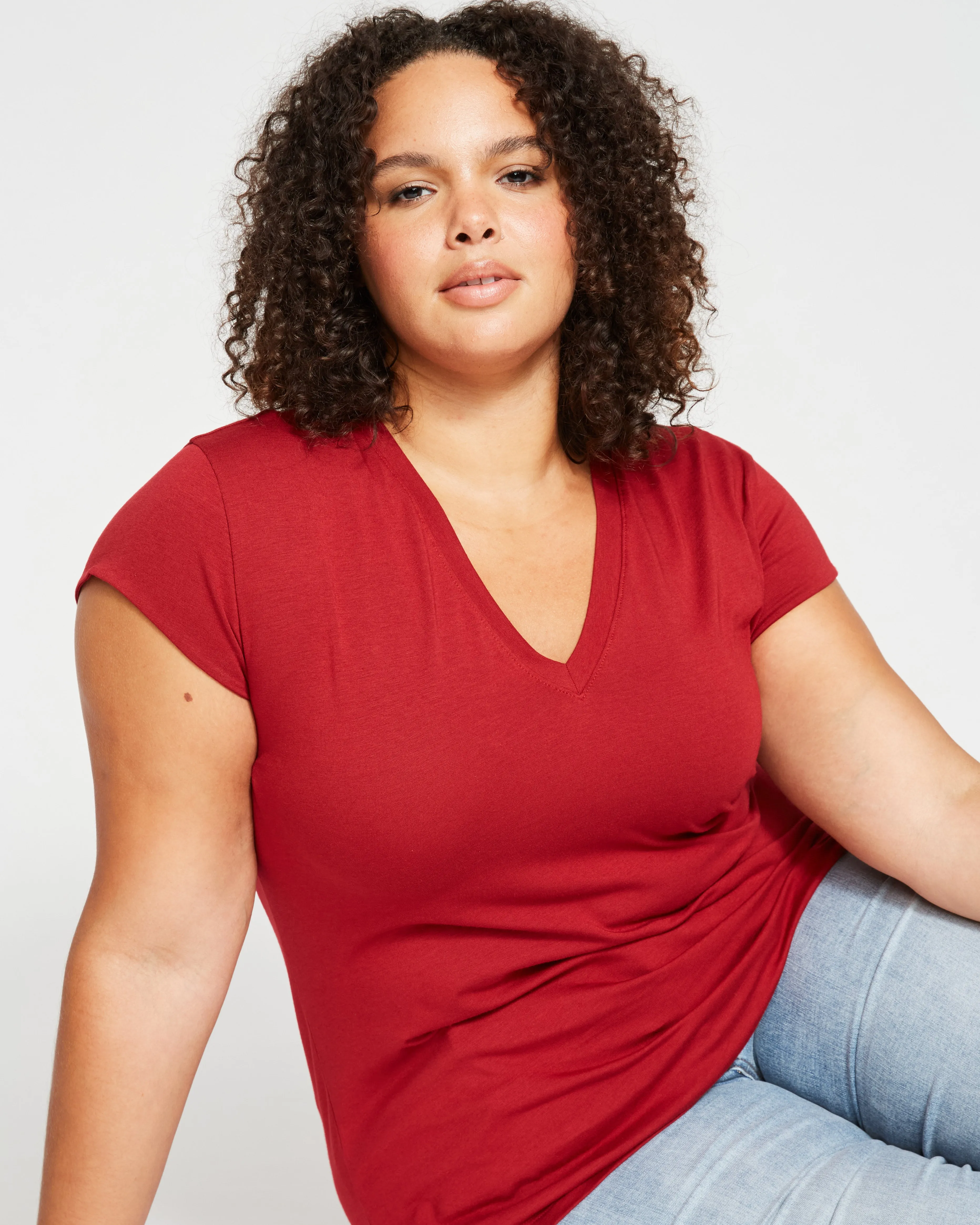 Ashley V Neck Cap Sleeve Tee - Rhubarb sold by Universal Standard