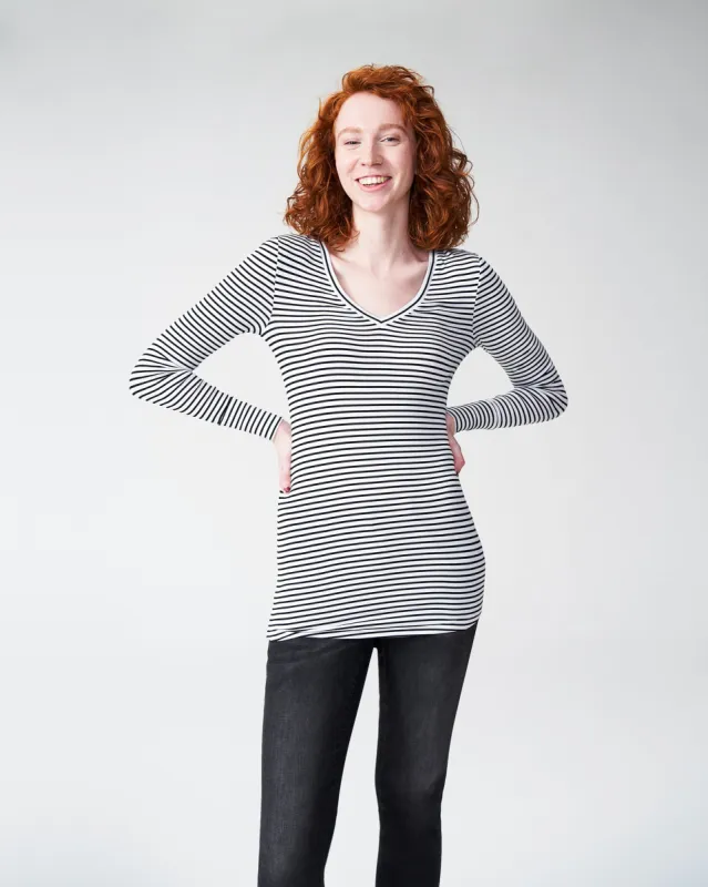 Foundation Long Sleeve V Neck Tee - White/Black Stripe sold by Universal Standard