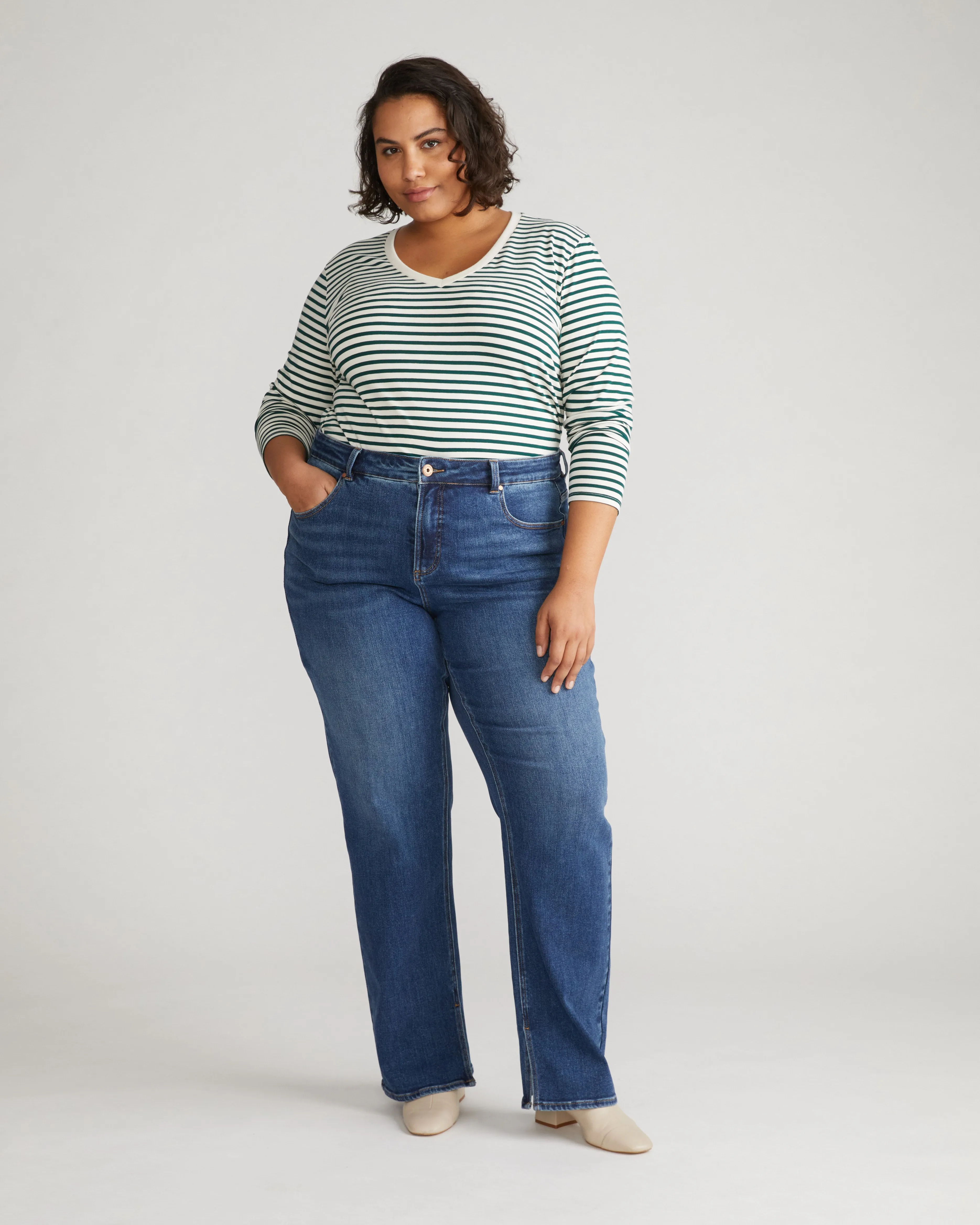 Long Sleeve V Rex - Bone/Botanic Stripe sold by Universal Standard