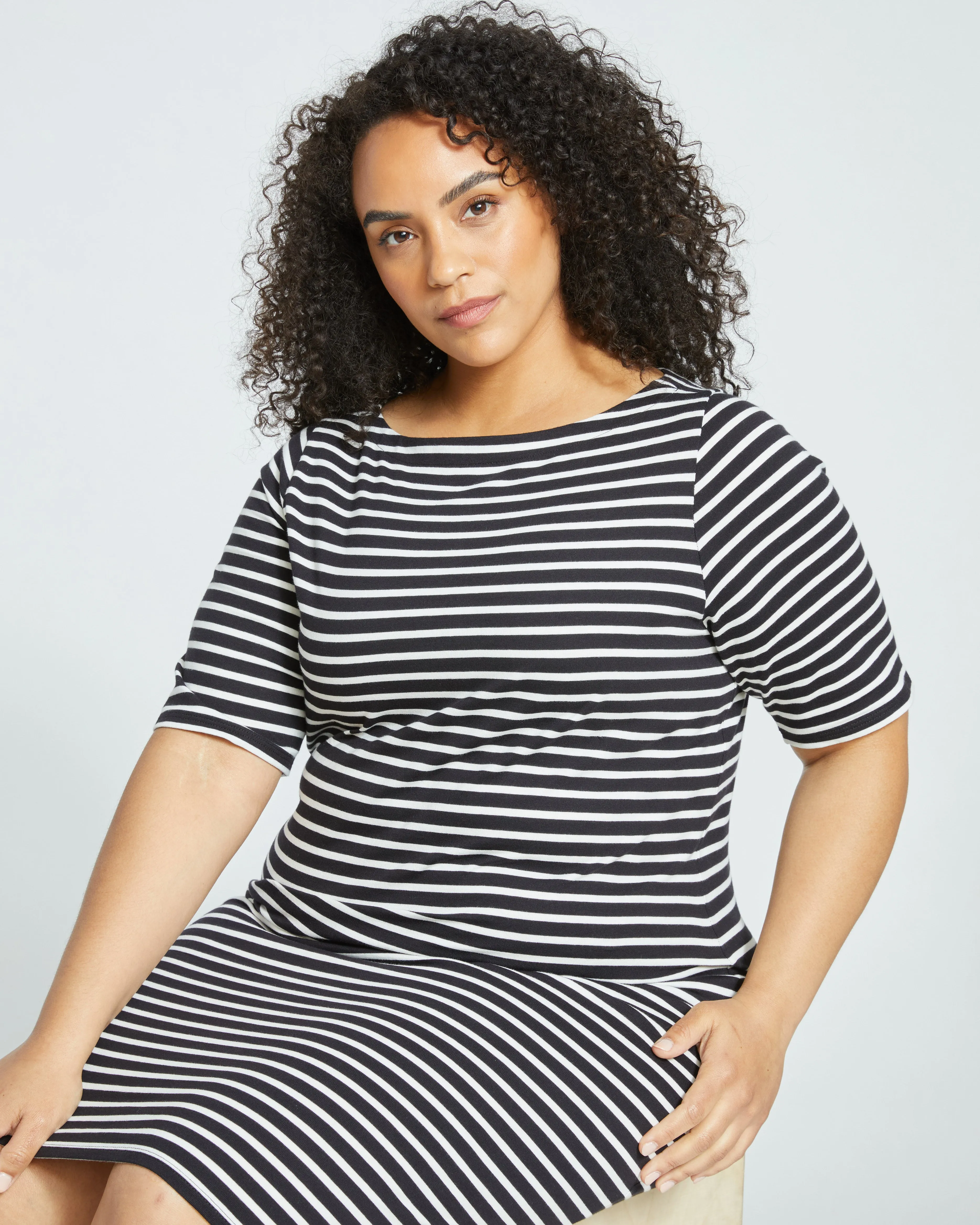 Belle Breton-Stripe Compact Jersey Dress - Black/White Stripe sold by Universal Standard