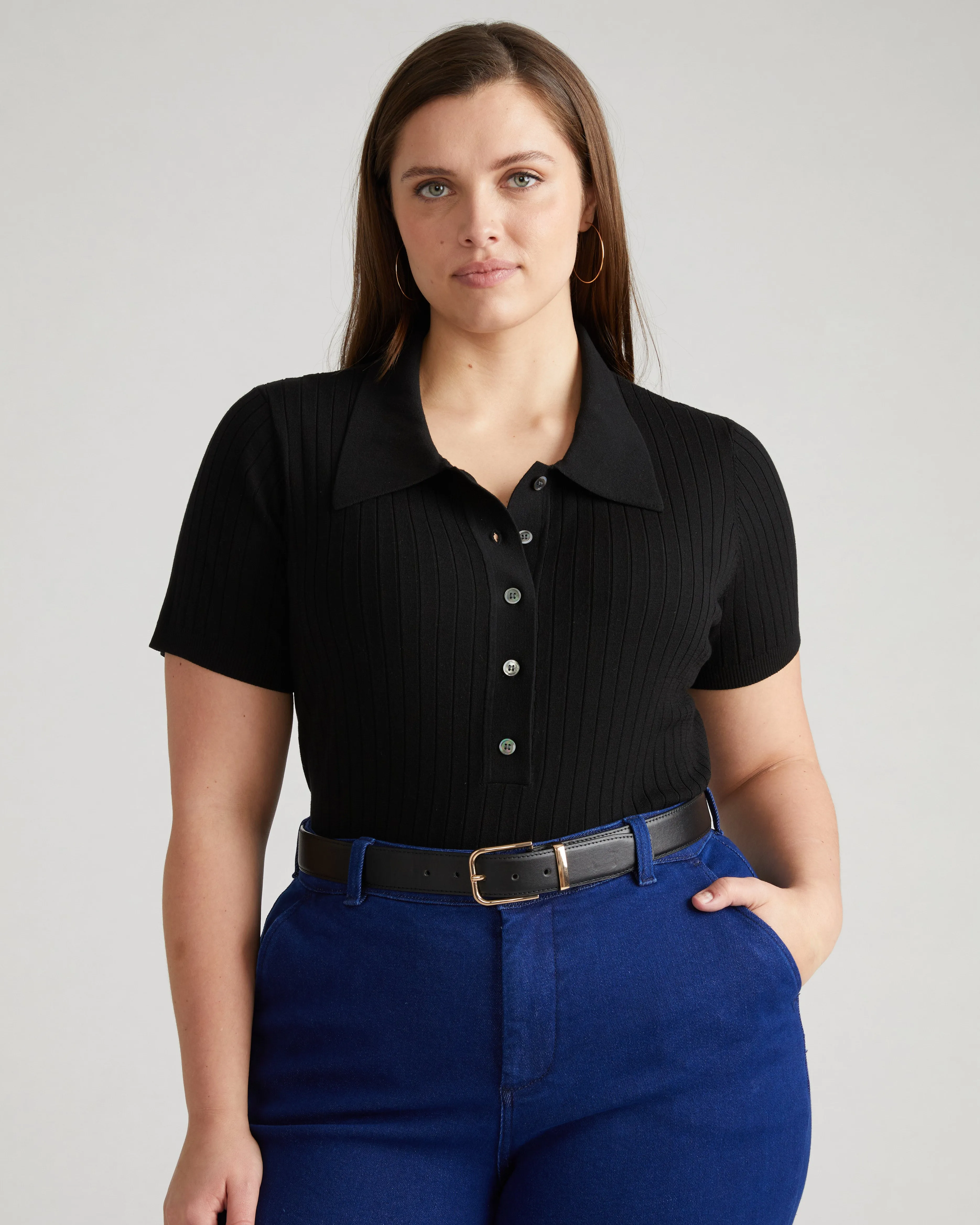 Jacqueline Short Sleeve Polo Sweater - Black sold by Universal Standard product image thumbnail 2