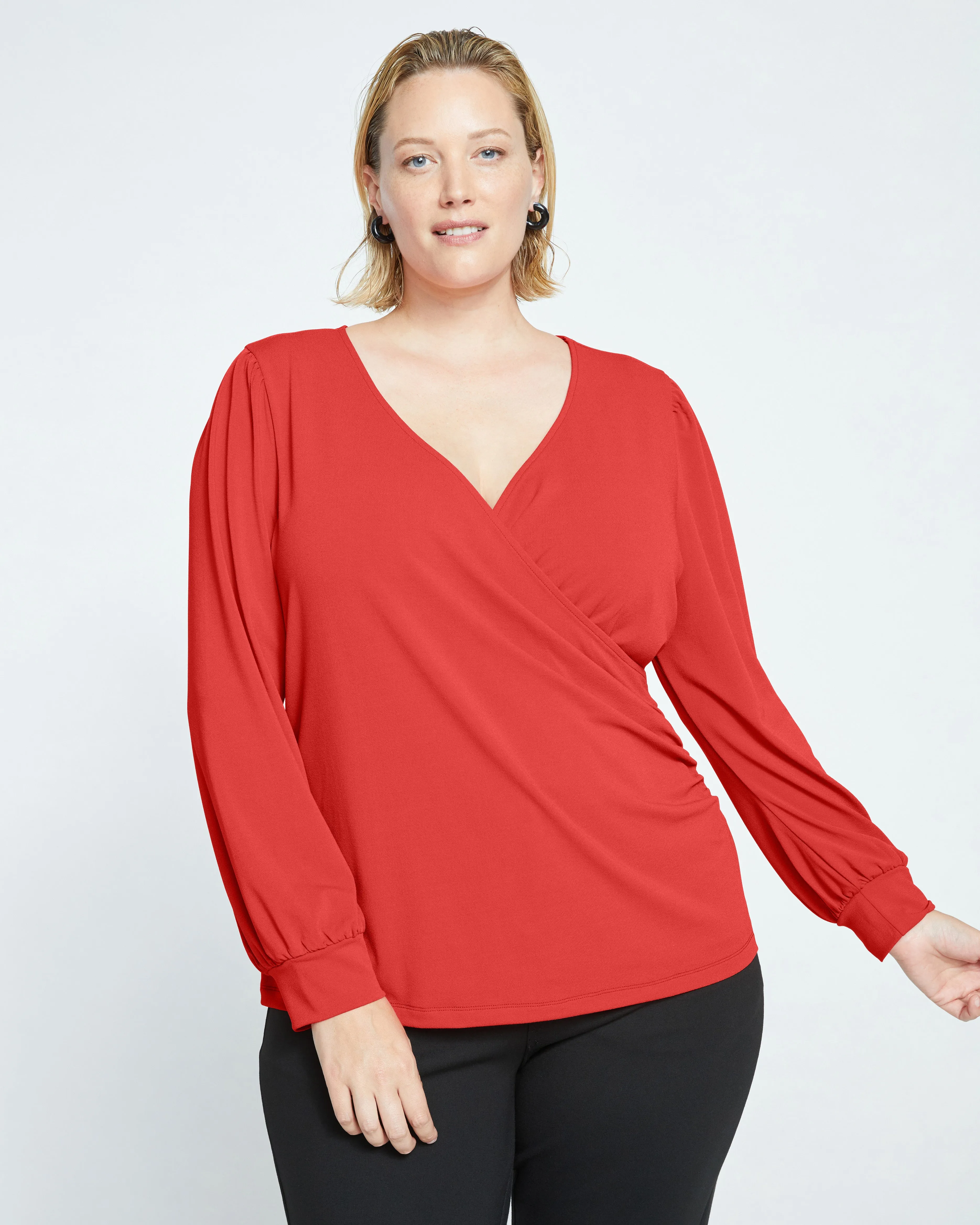 Crepe Jersey Gathered V-Neck Blouse - Vermilion Red sold by Universal Standard