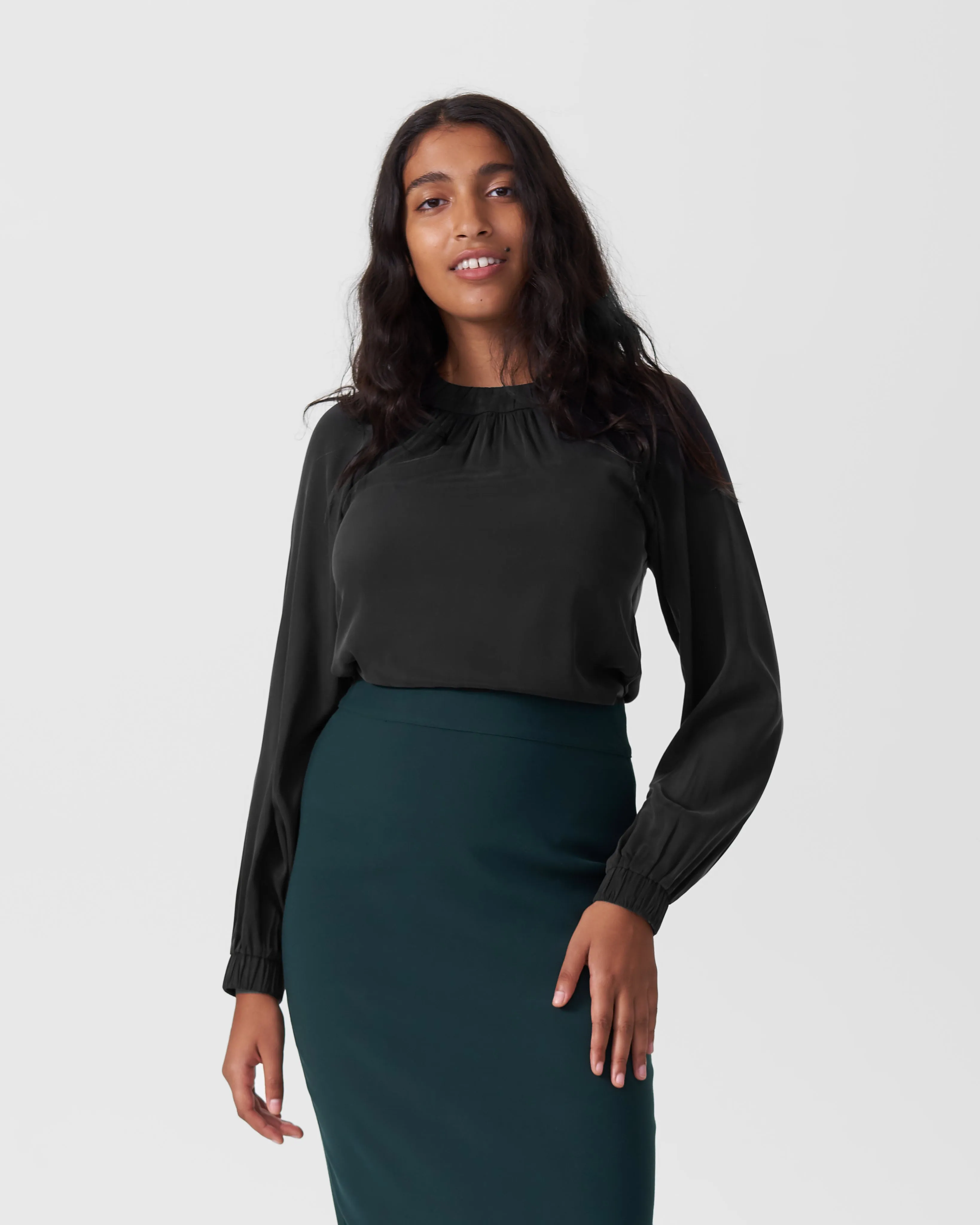 Patricia Long Sleeve Gathered Neck Blouse - Black sold by Universal Standard