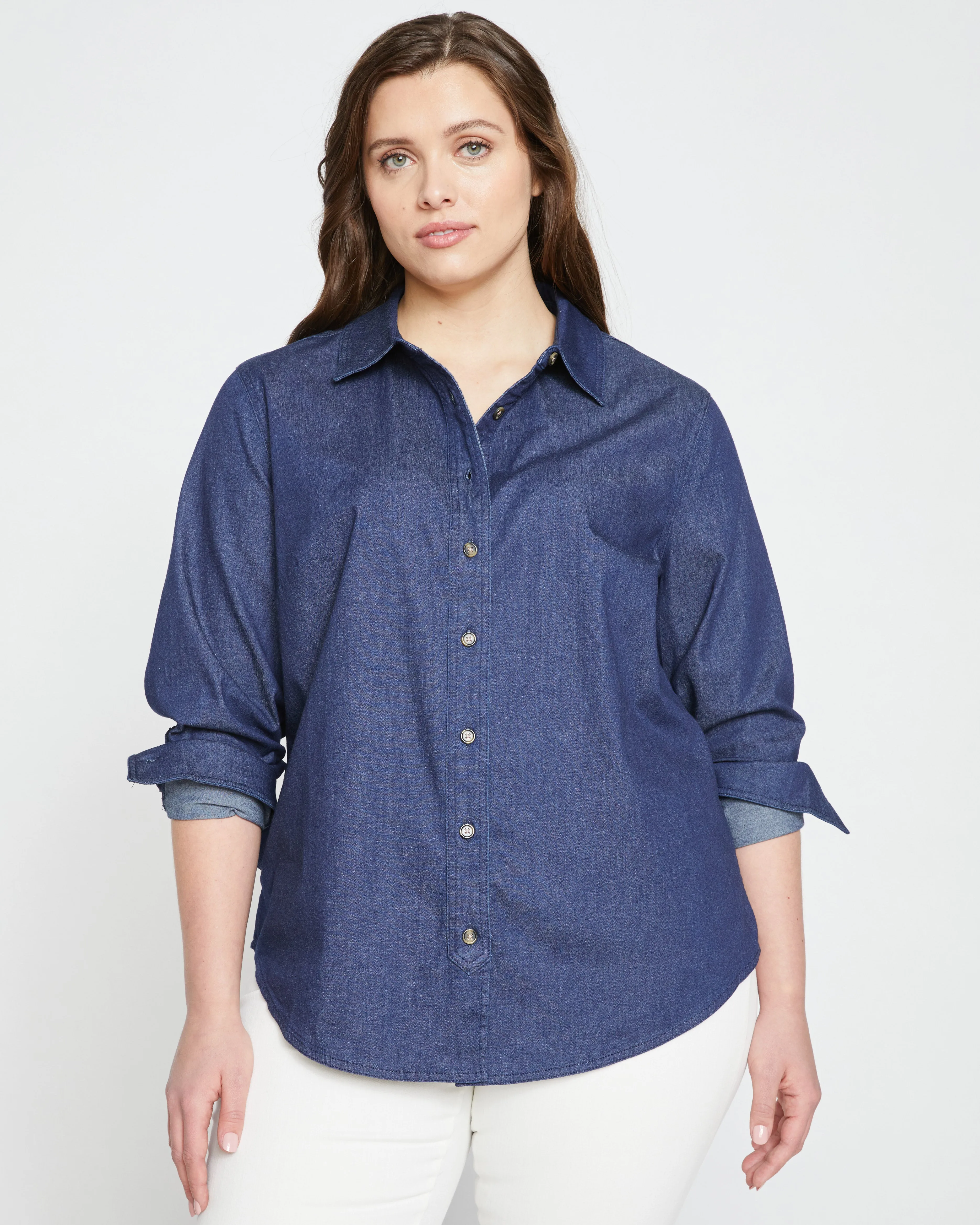Minimalist Stretch Cotton Chambray Shirt - Dark Indigo sold by Universal Standard