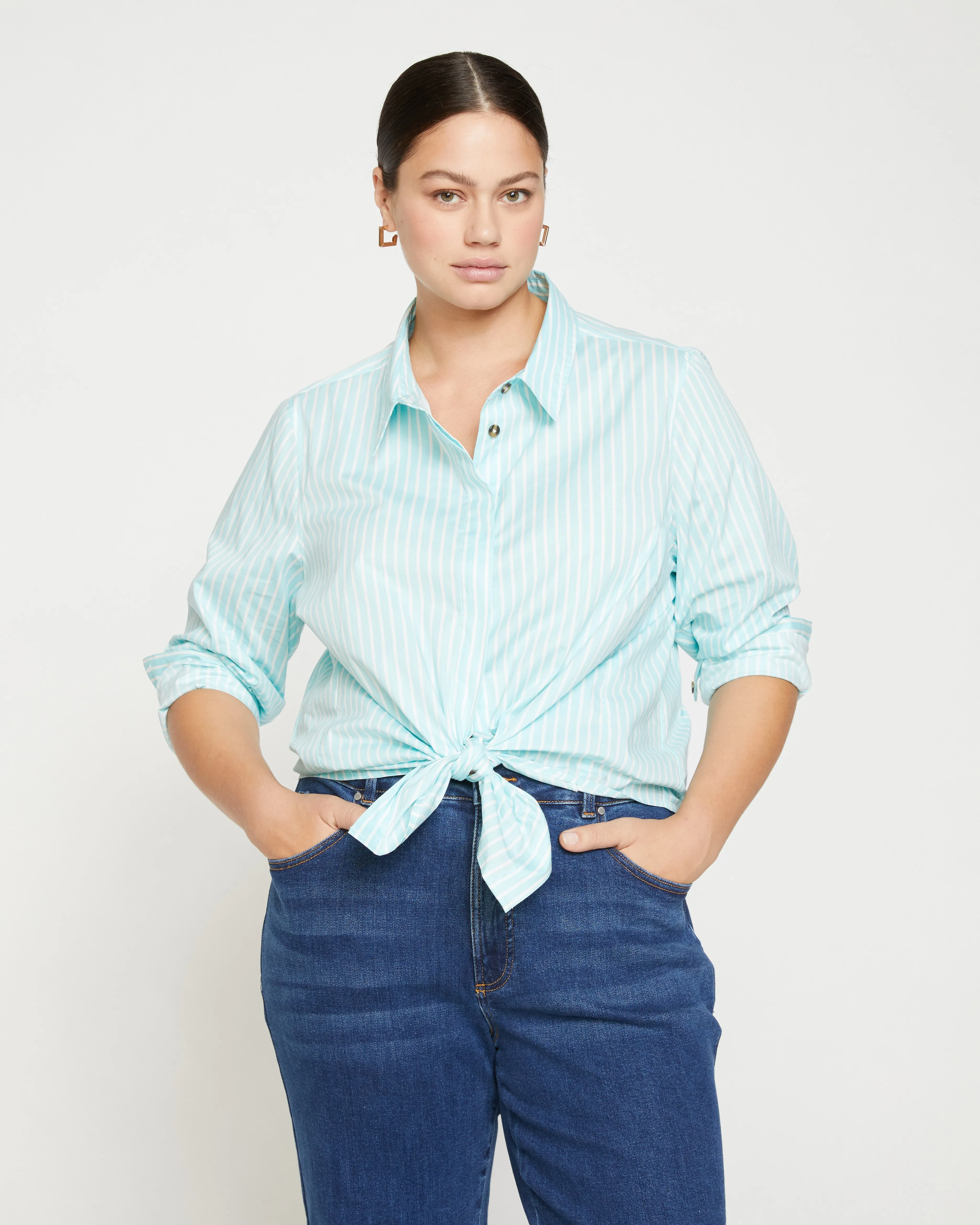 Elbe Stretch Poplin Shirt Classic Fit - Aqua/White Stripe sold by Universal Standard