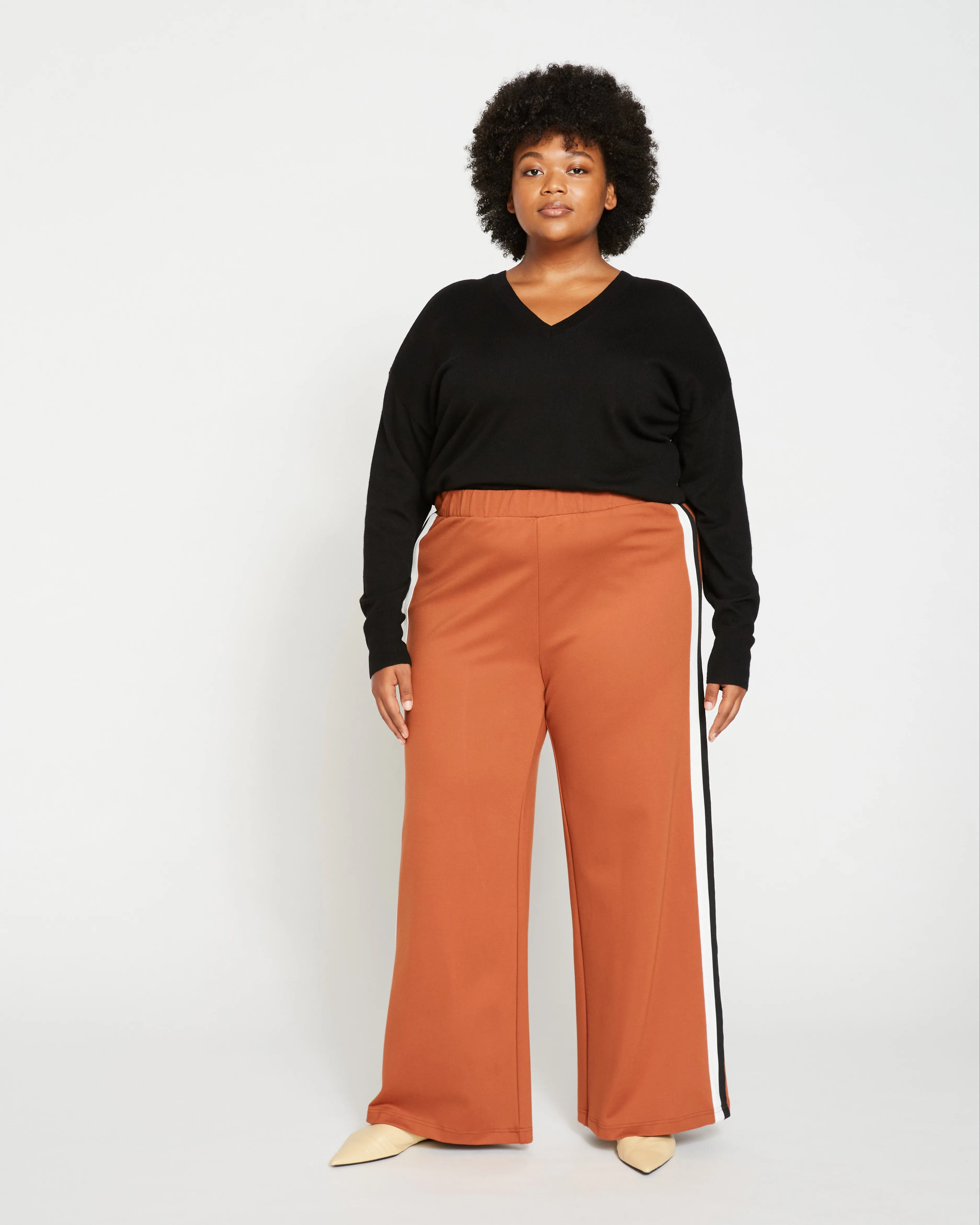 Stephanie Wide Leg Stripe Ponte Pants 30 Inch - Ginger with Black/White Stripe sold by Universal Standard