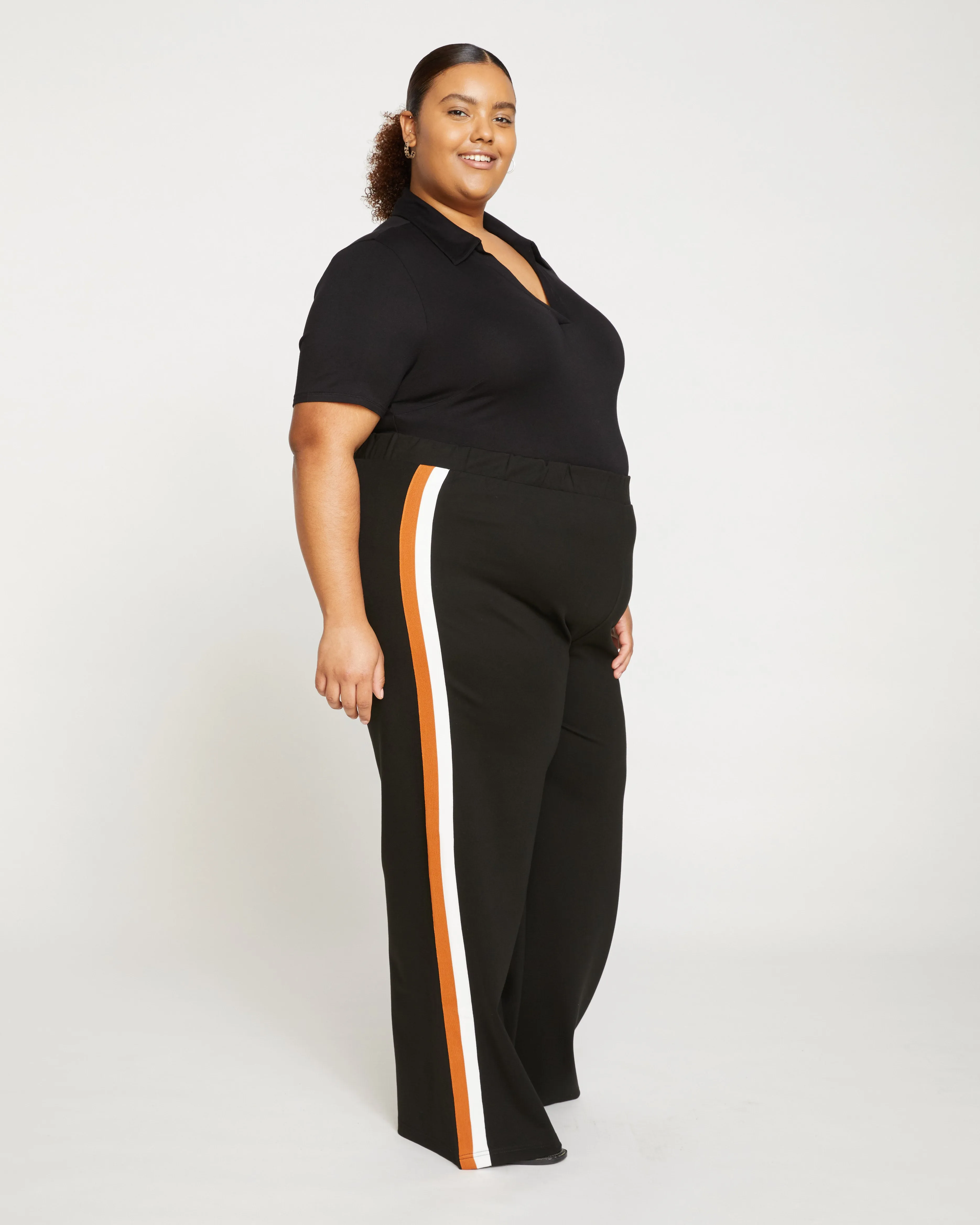 Stephanie Wide Leg Stripe Ponte Pants 33 Inch - Black with Ochre/White Stripe sold by Universal Standard product image thumbnail 3