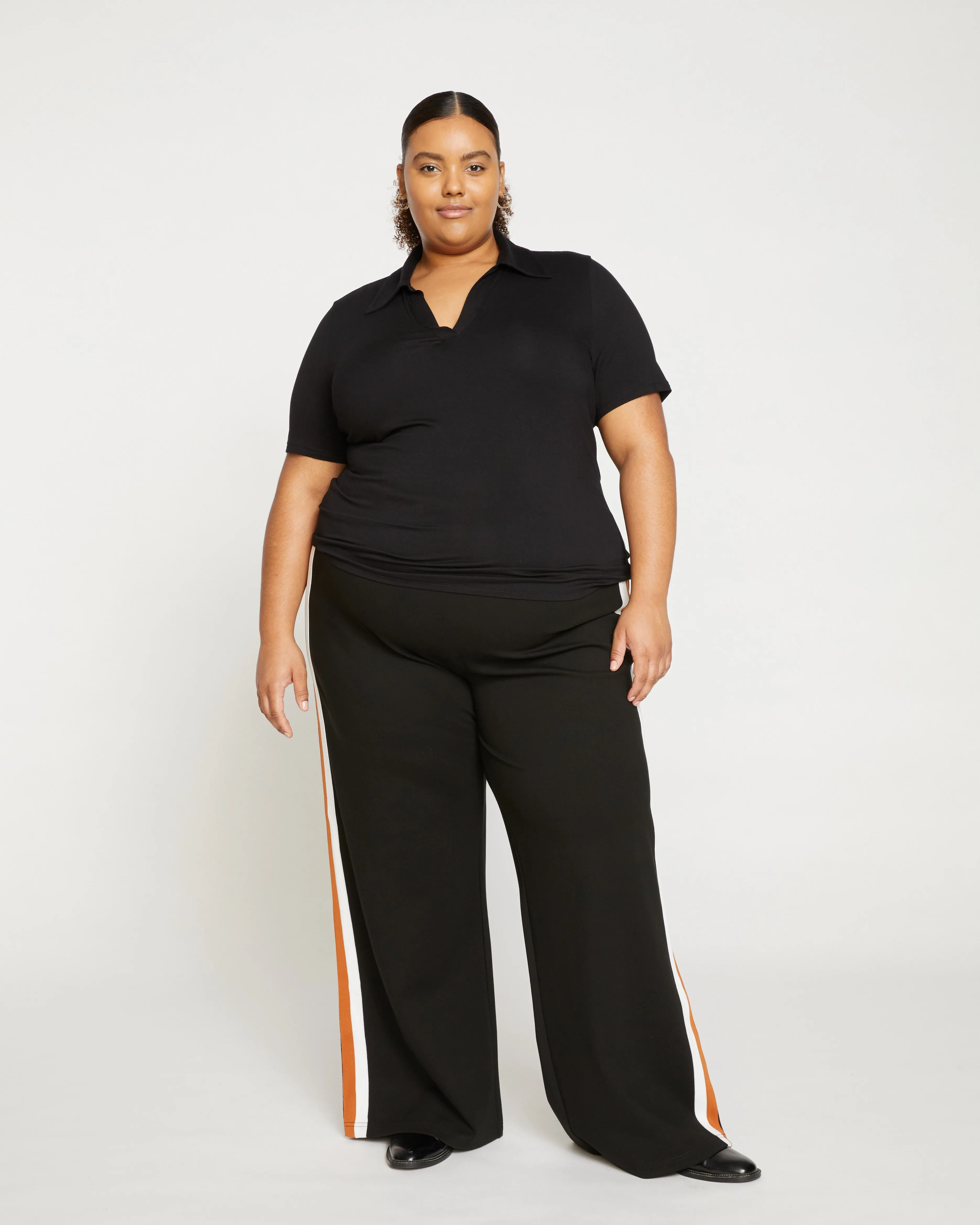Stephanie Wide Leg Stripe Ponte Pants 33 Inch - Black with Ochre/White Stripe sold by Universal Standard