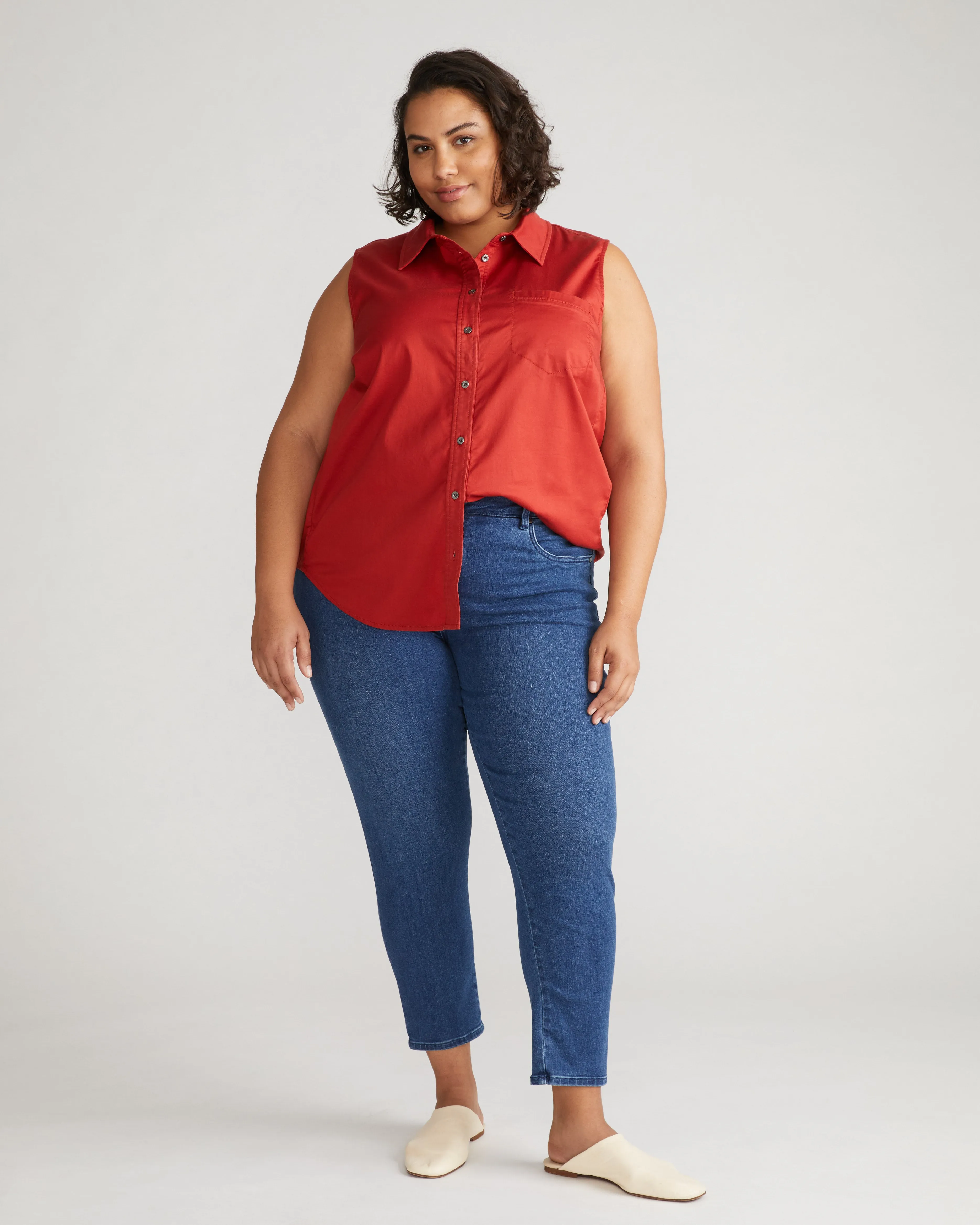 Perfect Tencel Chambray Sleeveless Shirt - Pomodoro sold by Universal Standard