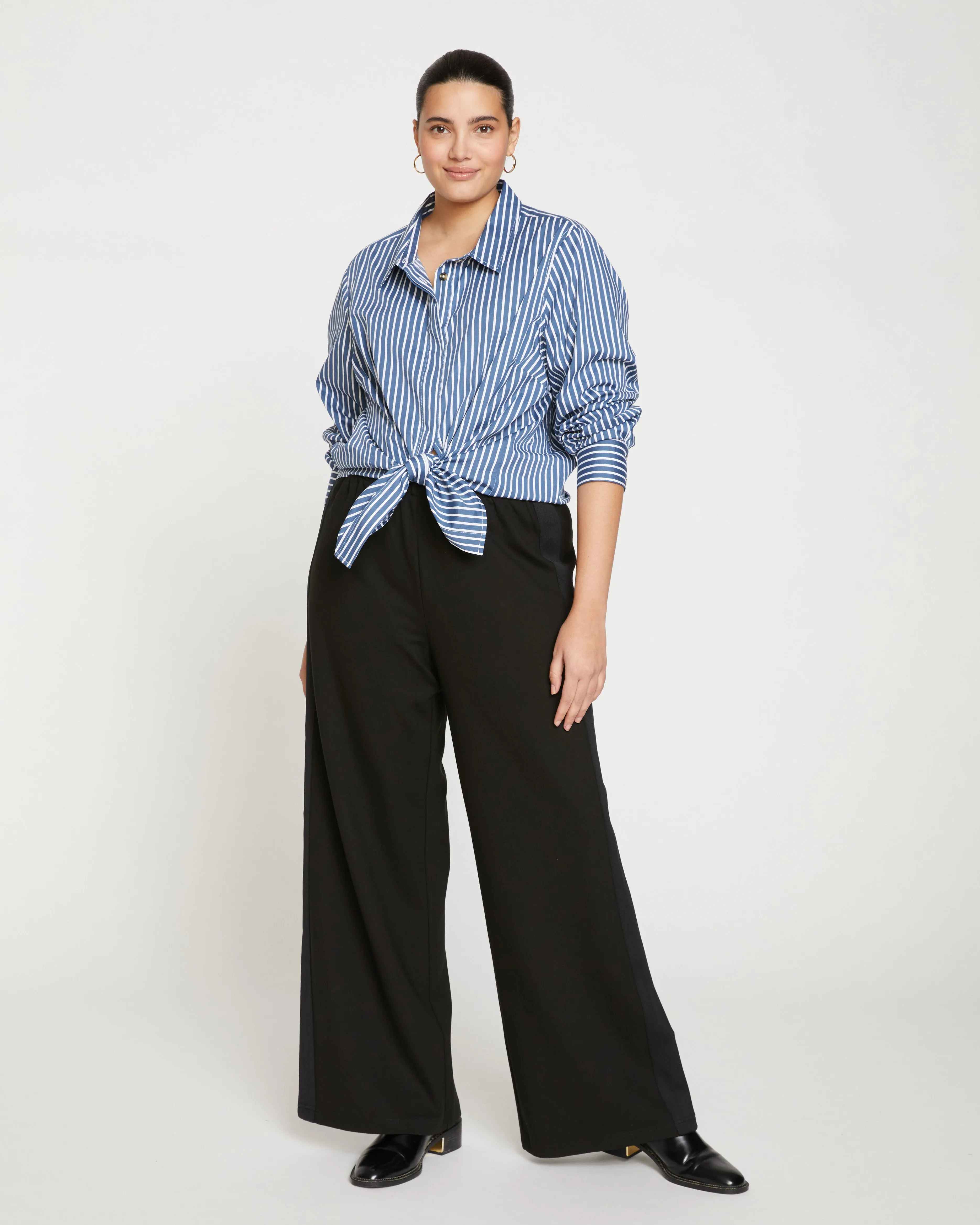 Stephanie Wide Leg Stripe Ponte Pants 33 Inch - Black with Black Stripe sold by Universal Standard