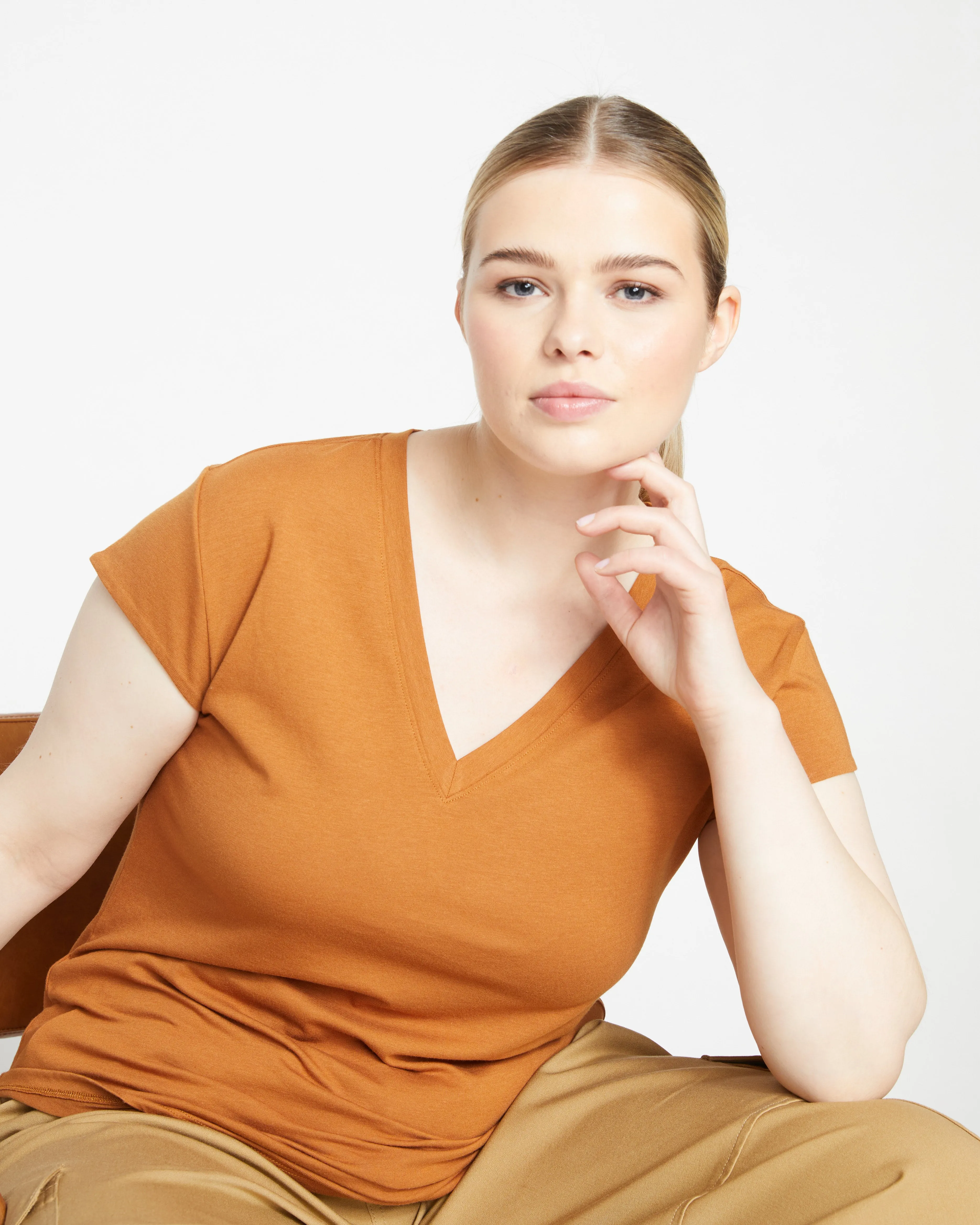 Ashley V Neck Cap Sleeve Tee - Caramel Cafe sold by Universal Standard