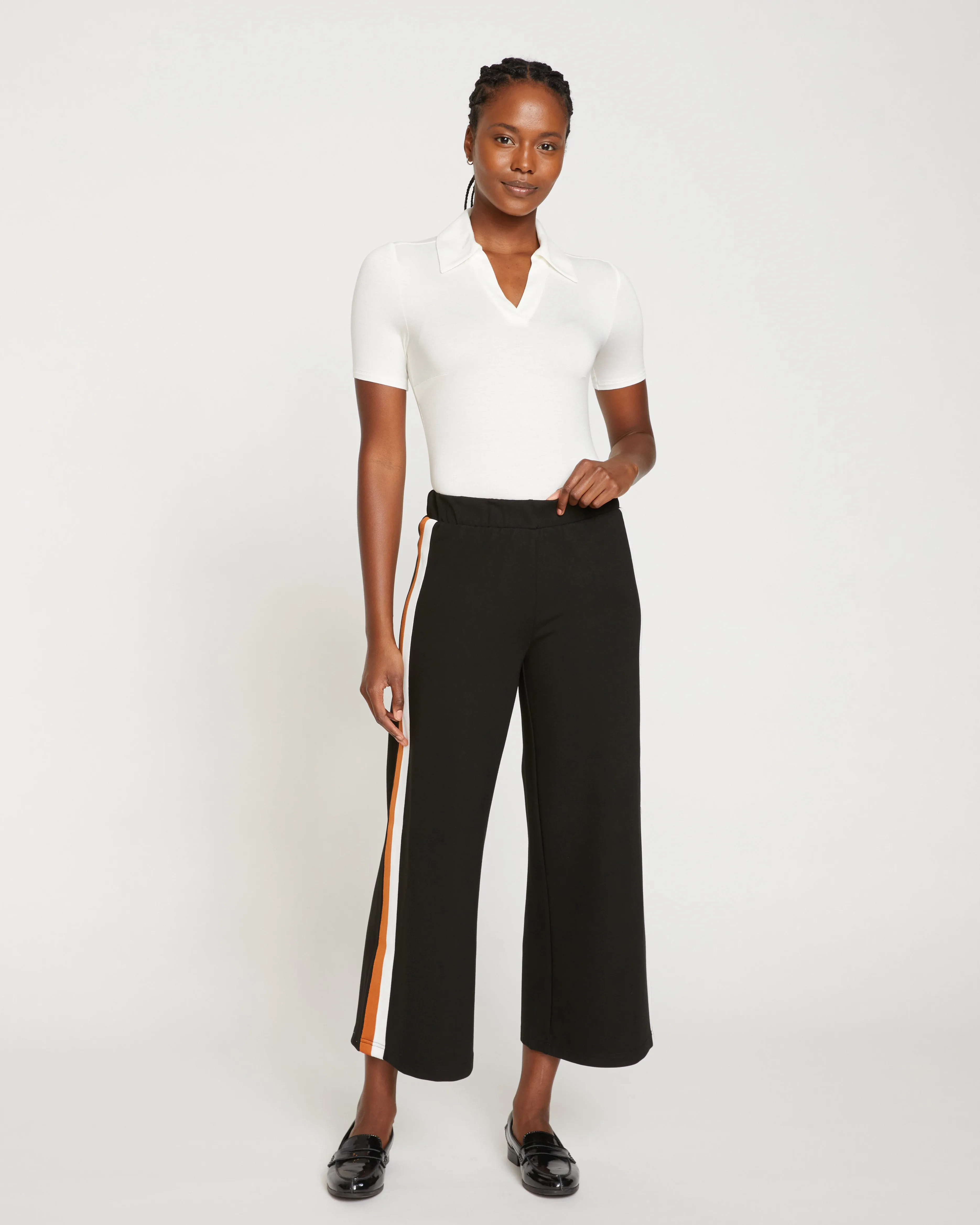 Stephanie Wide Leg Stripe Ponte Pants 27 Inch - Black with Ochre/White Stripe sold by Universal Standard
