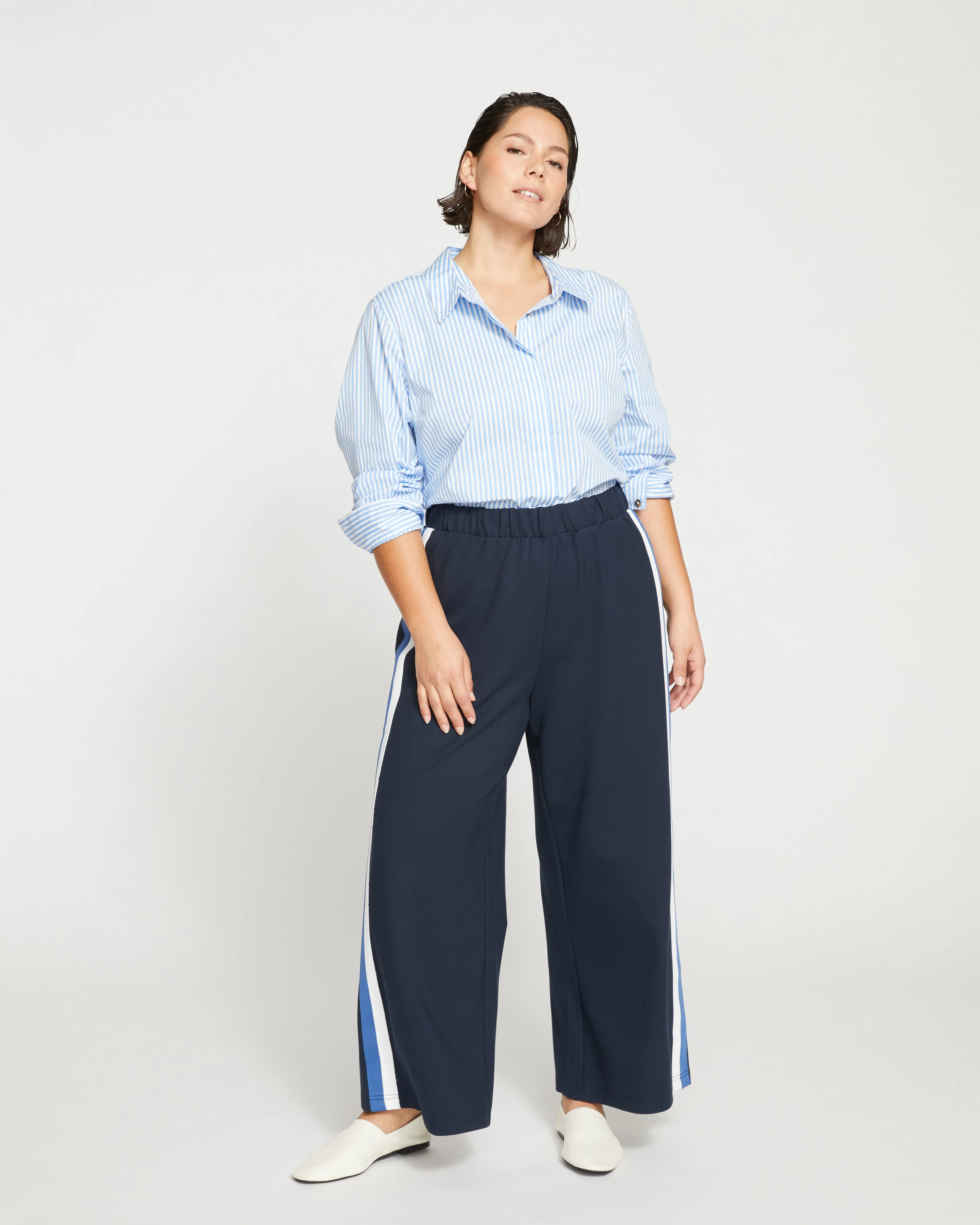 Stephanie Wide Leg Stripe Ponte Pants 27 Inch - Navy with Blue/White Stripe sold by Universal Standard