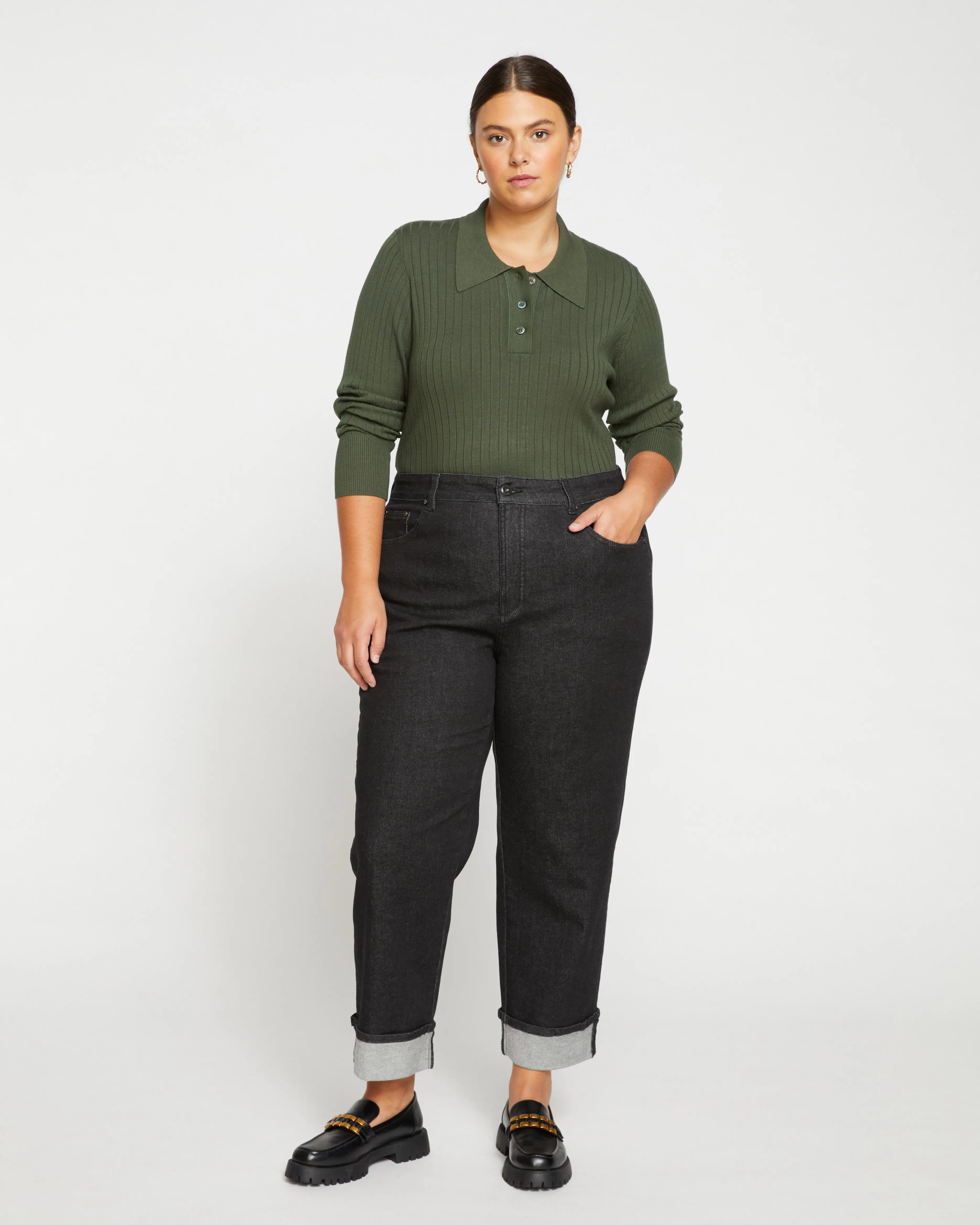 Stevie High Rise Cuffed Straight Leg Jeans - Black Selvedge sold by Universal Standard