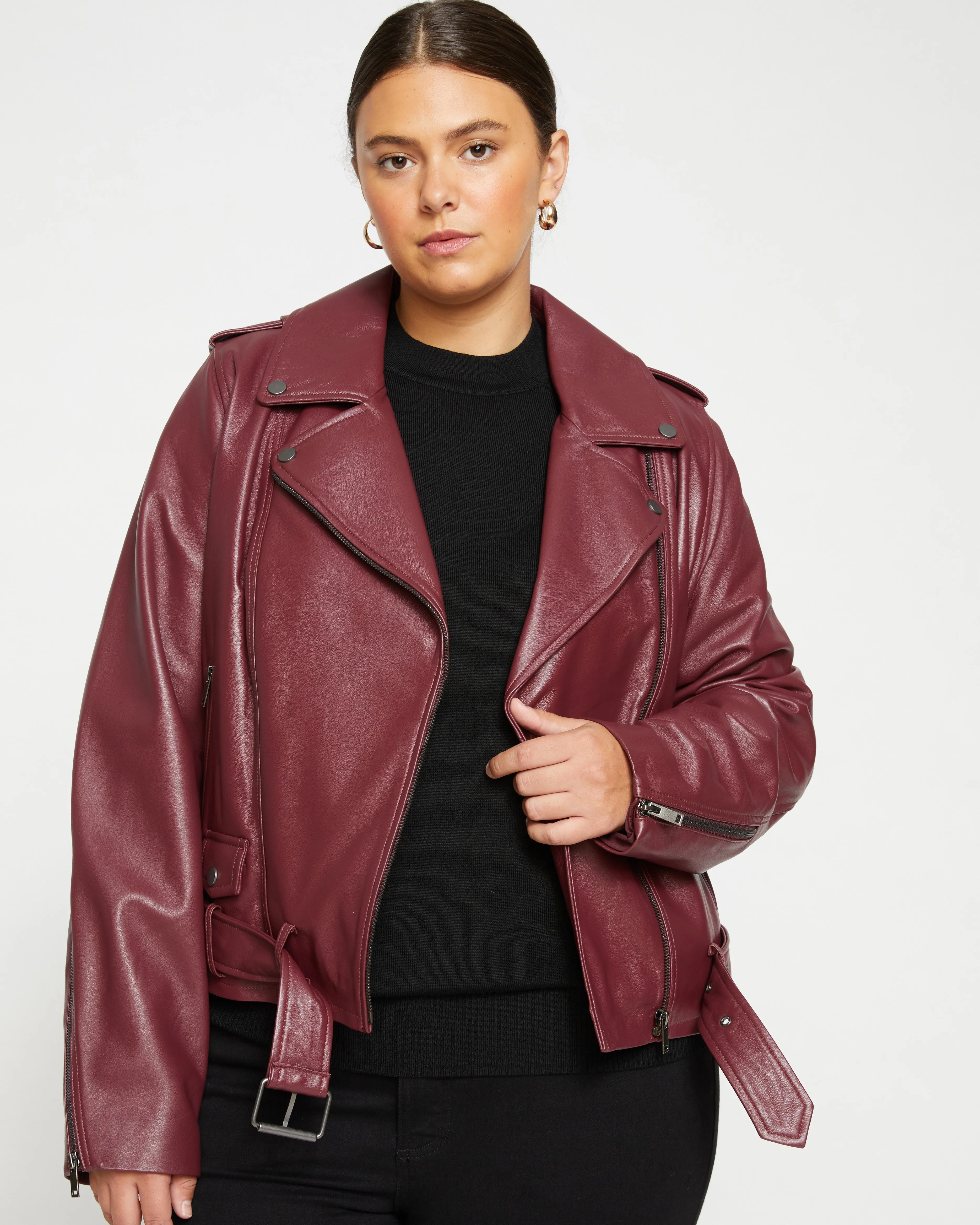 Leeron Leather Moto Jacket - Sangria sold by Universal Standard