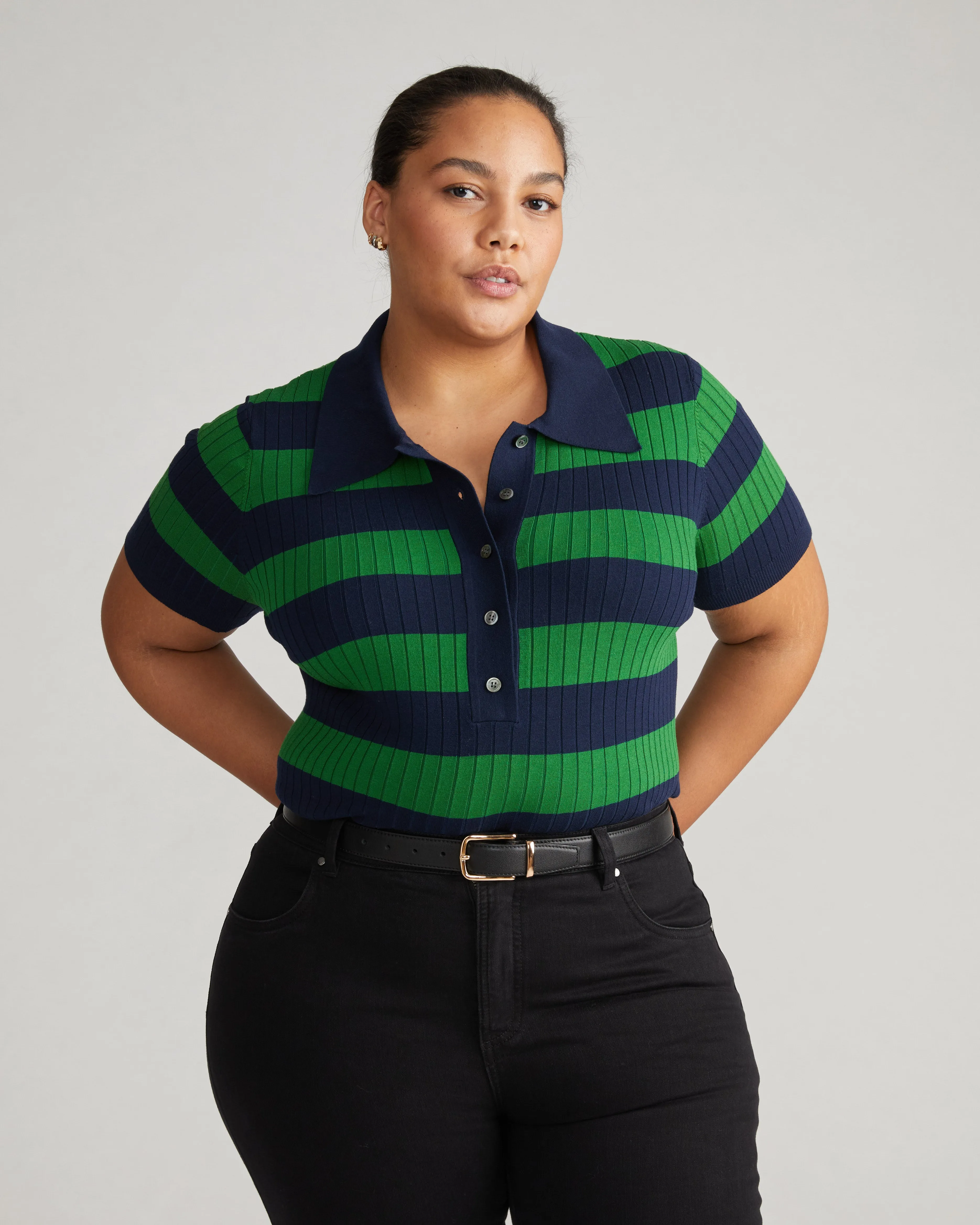 Jacqueline Short Sleeve Polo Sweater - Navy/Mineral Green sold by Universal Standard