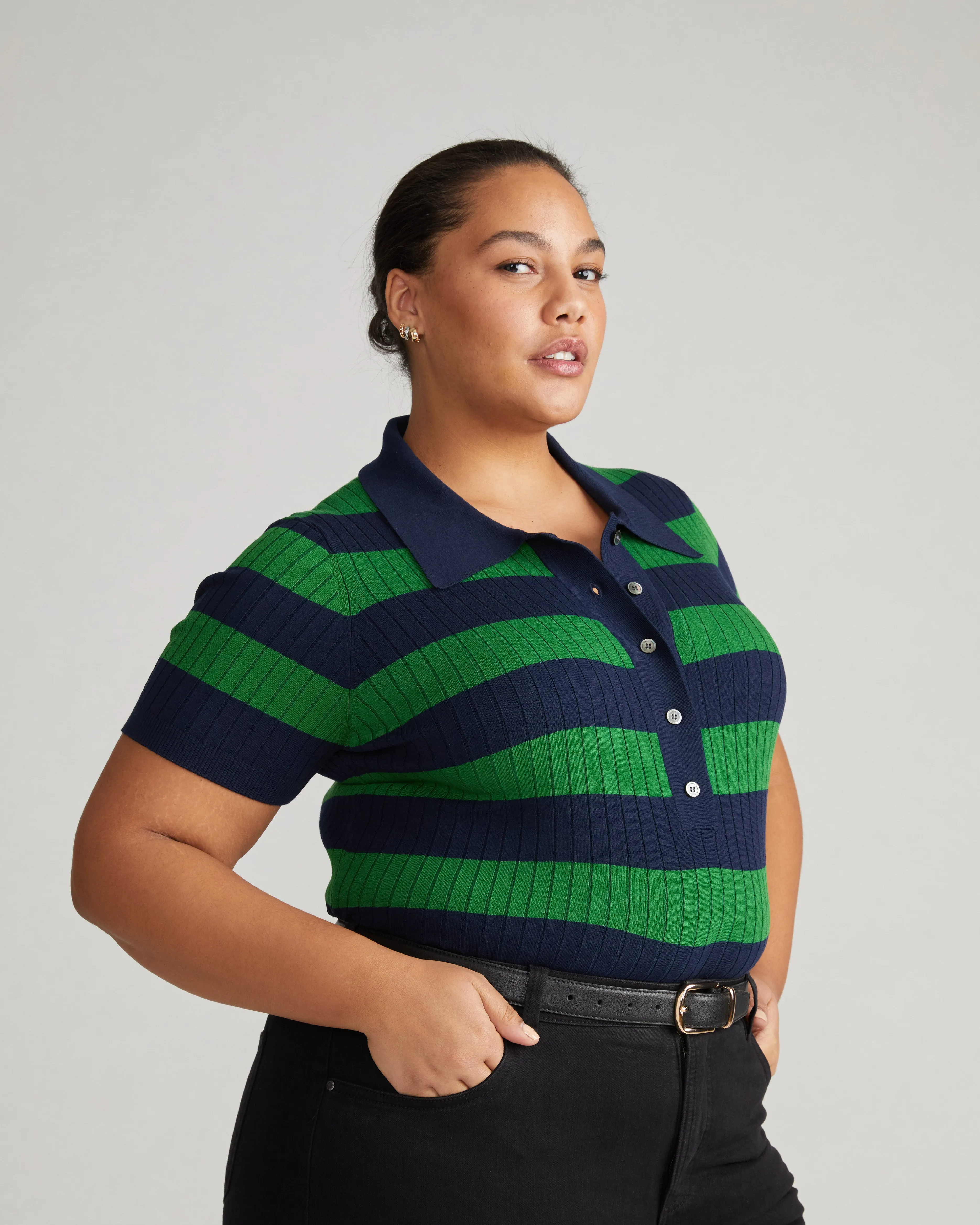 Jacqueline Short Sleeve Polo Sweater - Navy/Mineral Green sold by Universal Standard product image thumbnail 3