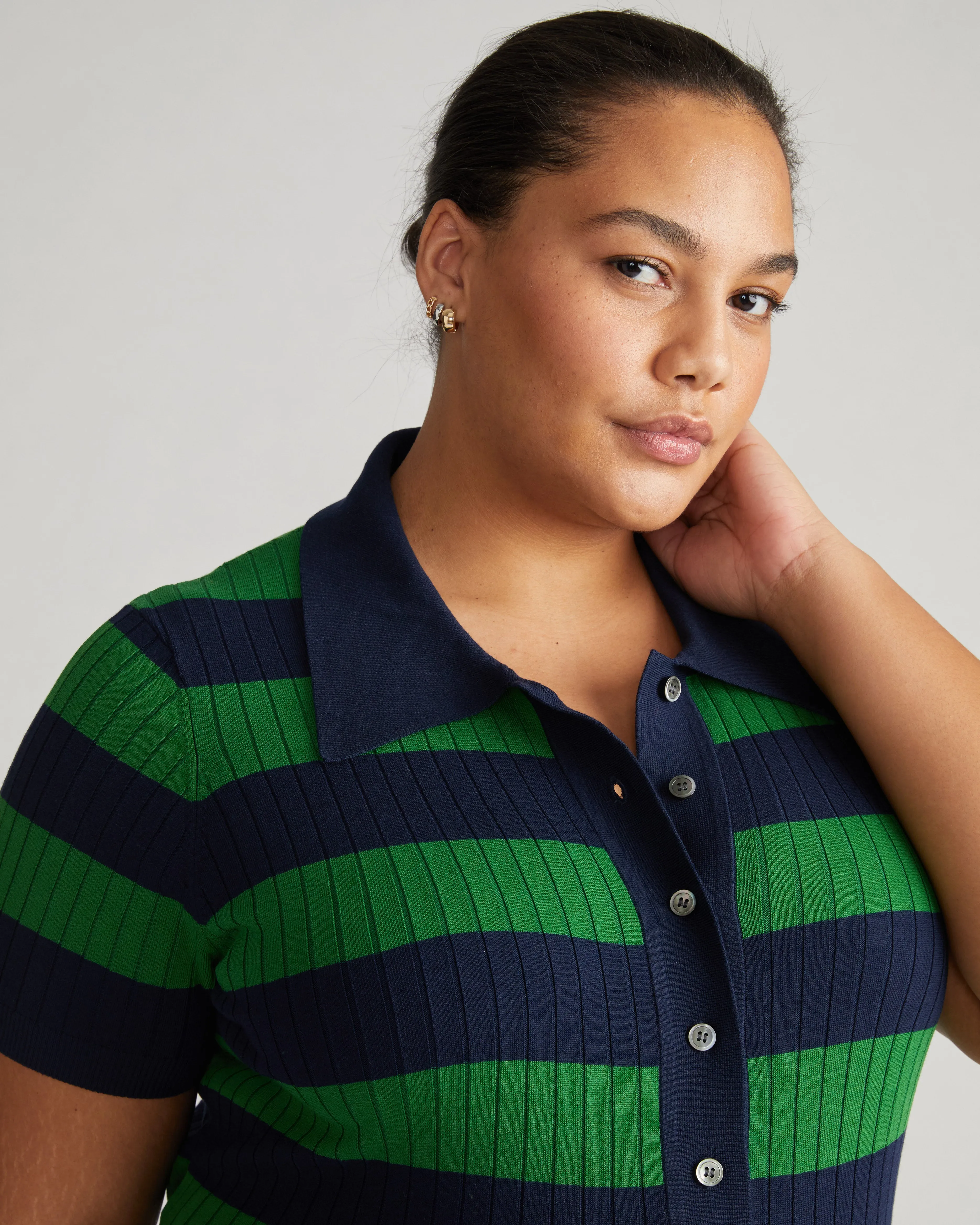 Jacqueline Short Sleeve Polo Sweater - Navy/Mineral Green sold by Universal Standard product image thumbnail 2