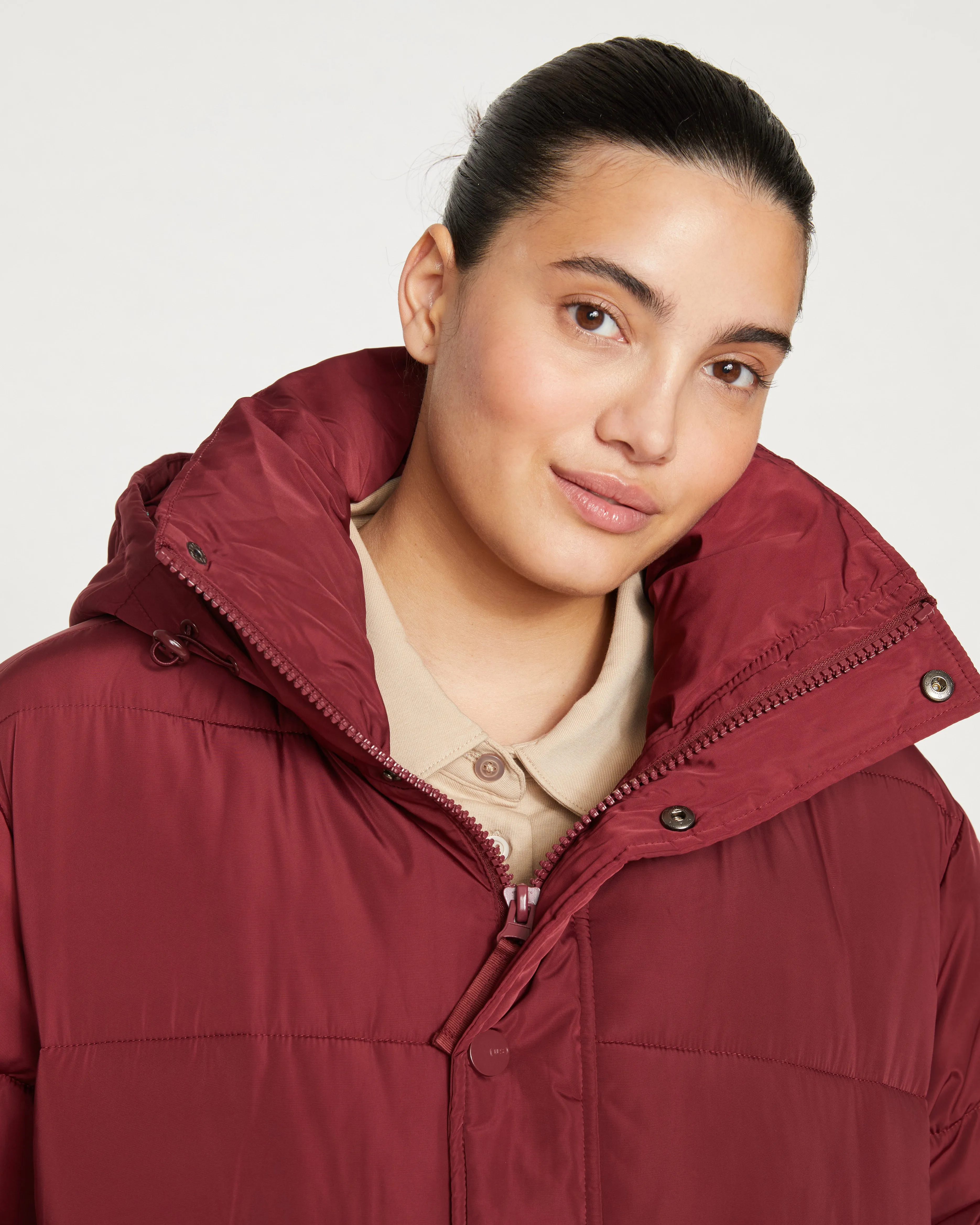 Rainier Short Hooded Puffer - Rioja sold by Universal Standard