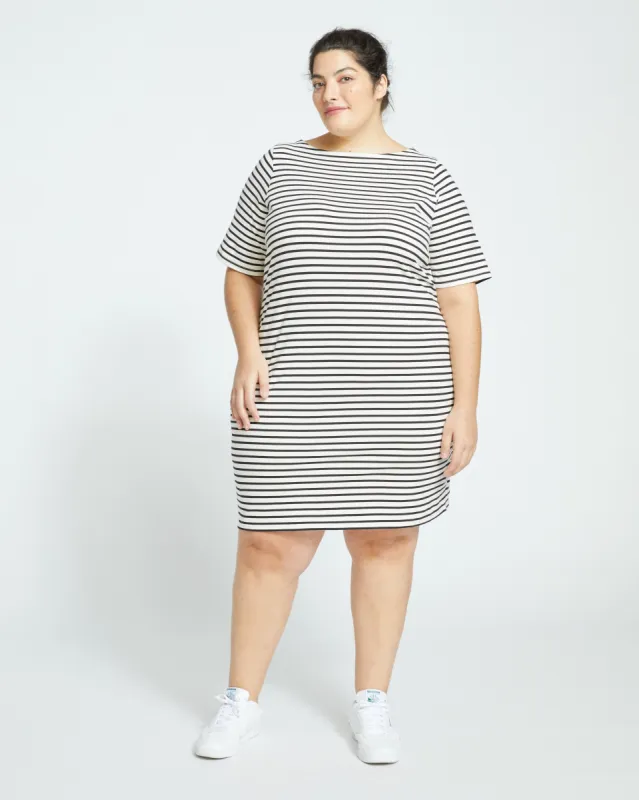 Belle Breton-Stripe Compact Jersey Dress - Ecru/Black Stripe sold by Universal Standard