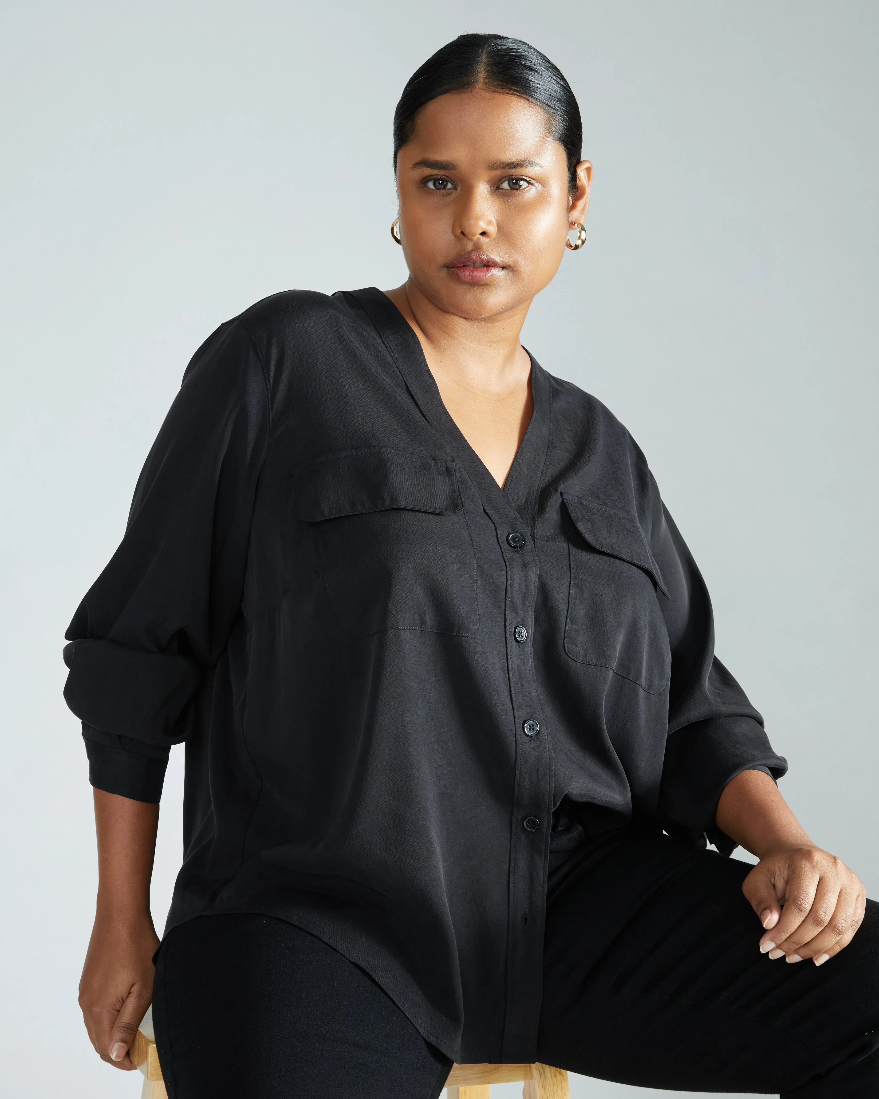 Cooling Stretch Cupro Button-Down Blouse - Black sold by Universal Standard