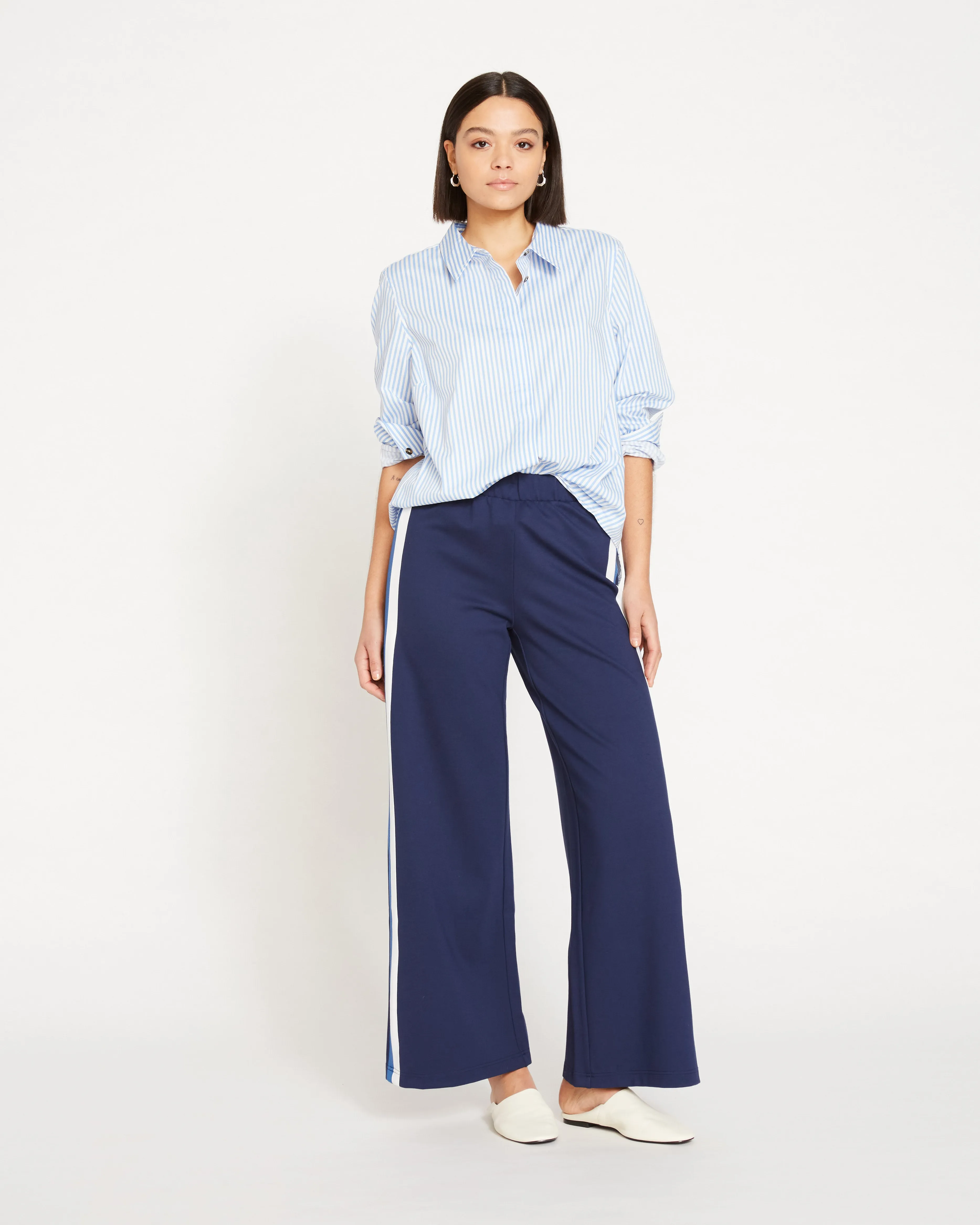 Stephanie Wide Leg Stripe Ponte Pants 30 Inch - Navy with Blue/White Stripe sold by Universal Standard