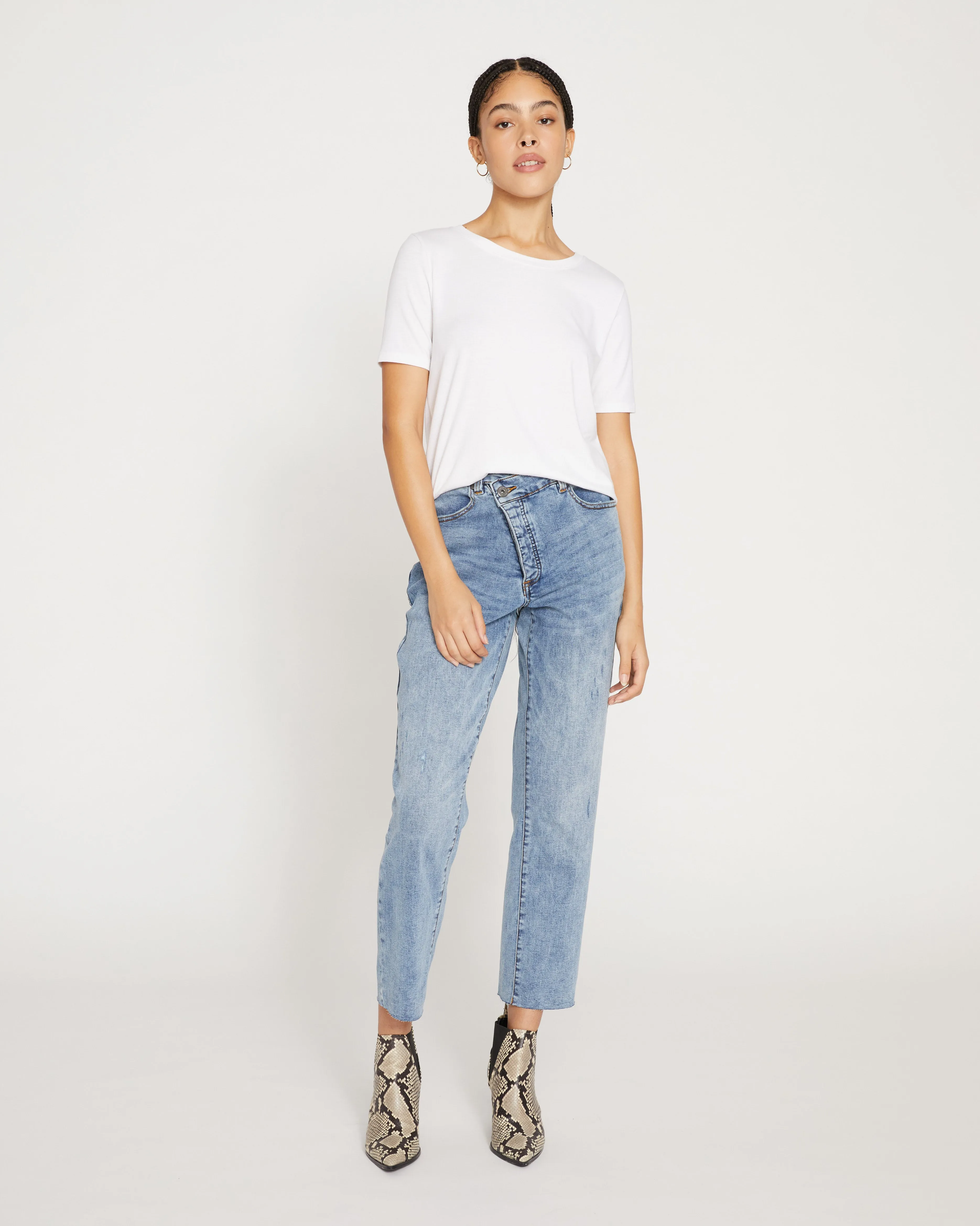 Katie High Rise Crossover Jeans - Distressed Vintage Indigo Wash sold by Universal Standard