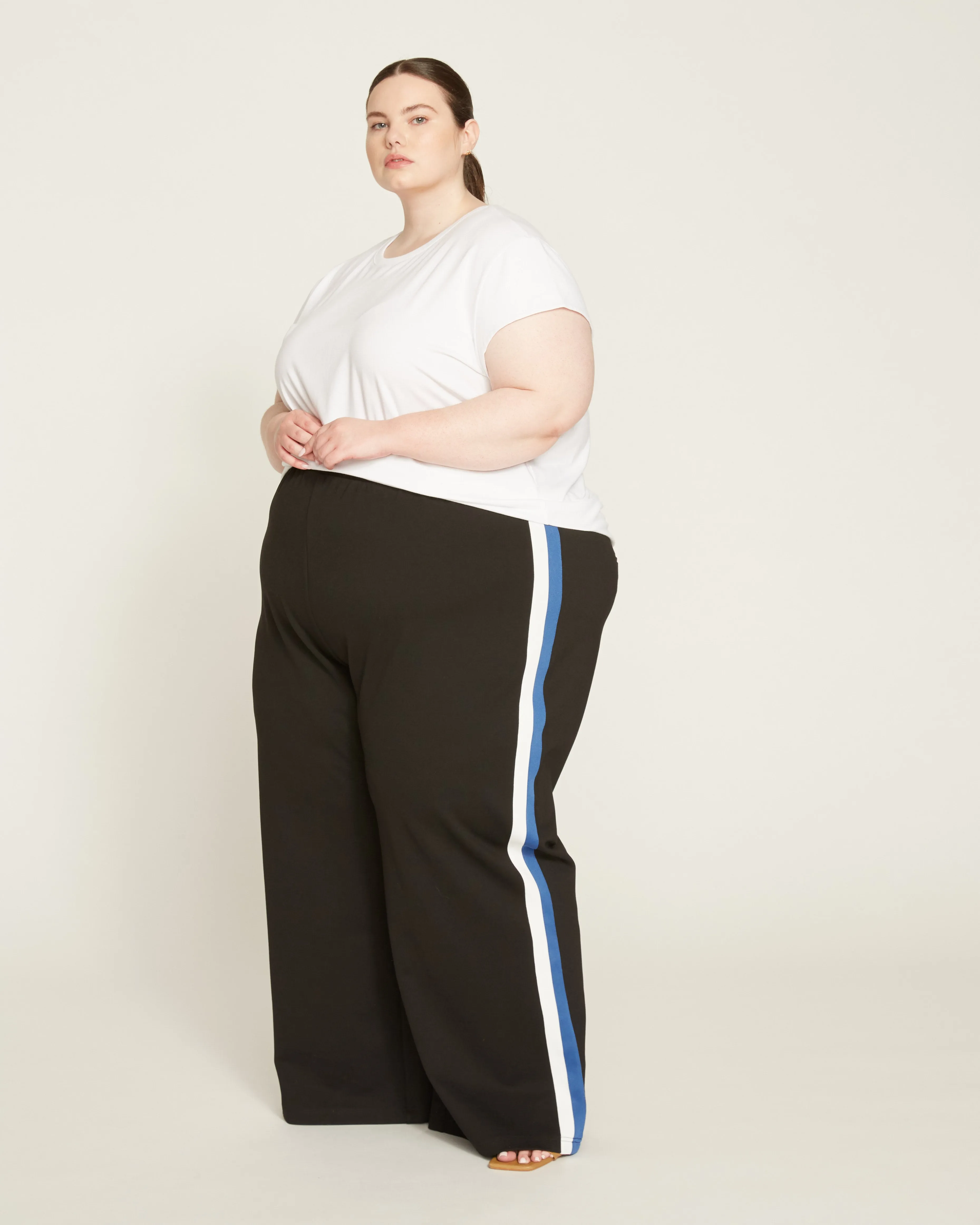 Stephanie Wide Leg Stripe Ponte Pants 30 Inch - Black with Blue/White Stripe sold by Universal Standard