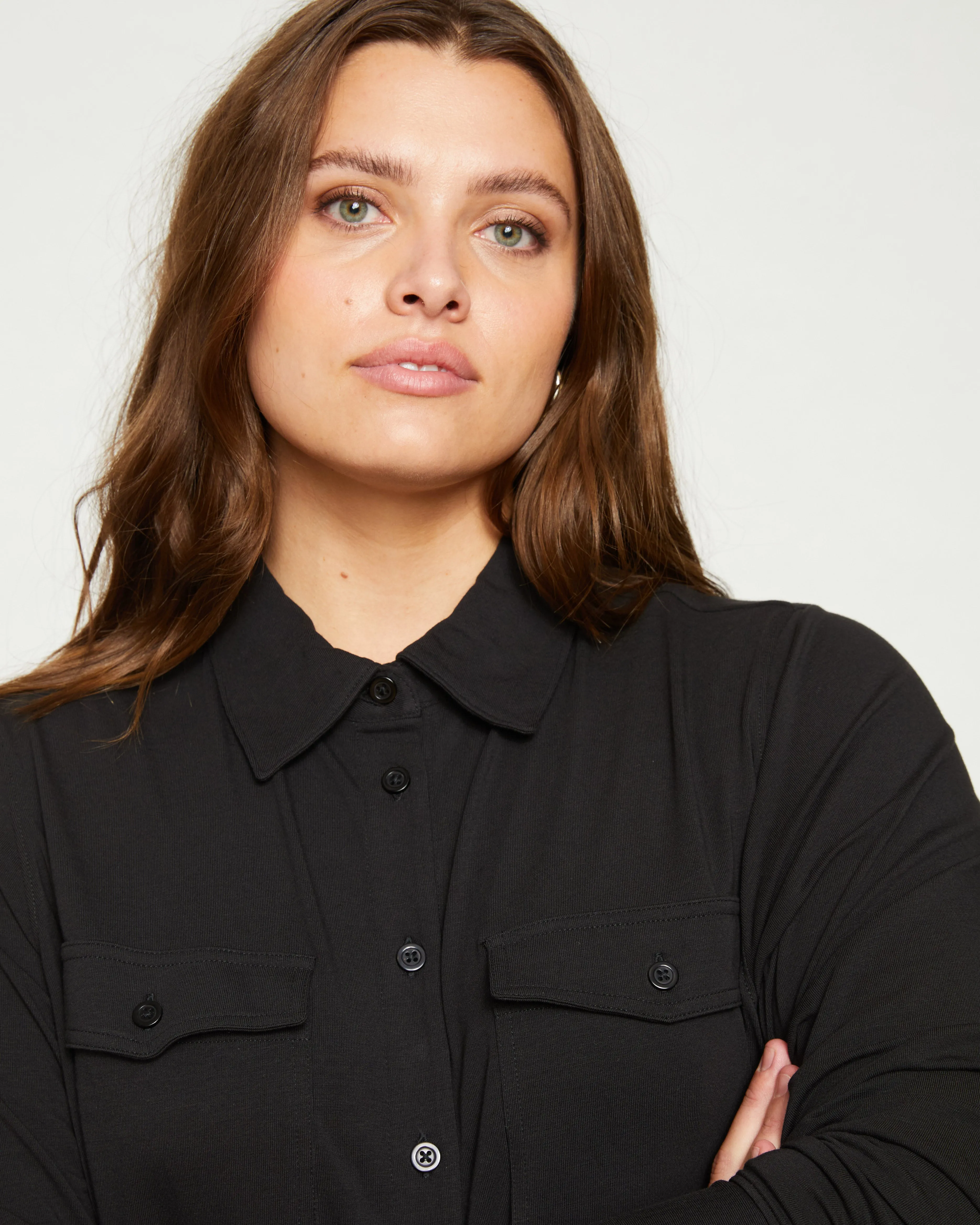 Ava Cotton Jersey Button-Down Shirt - Black sold by Universal Standard