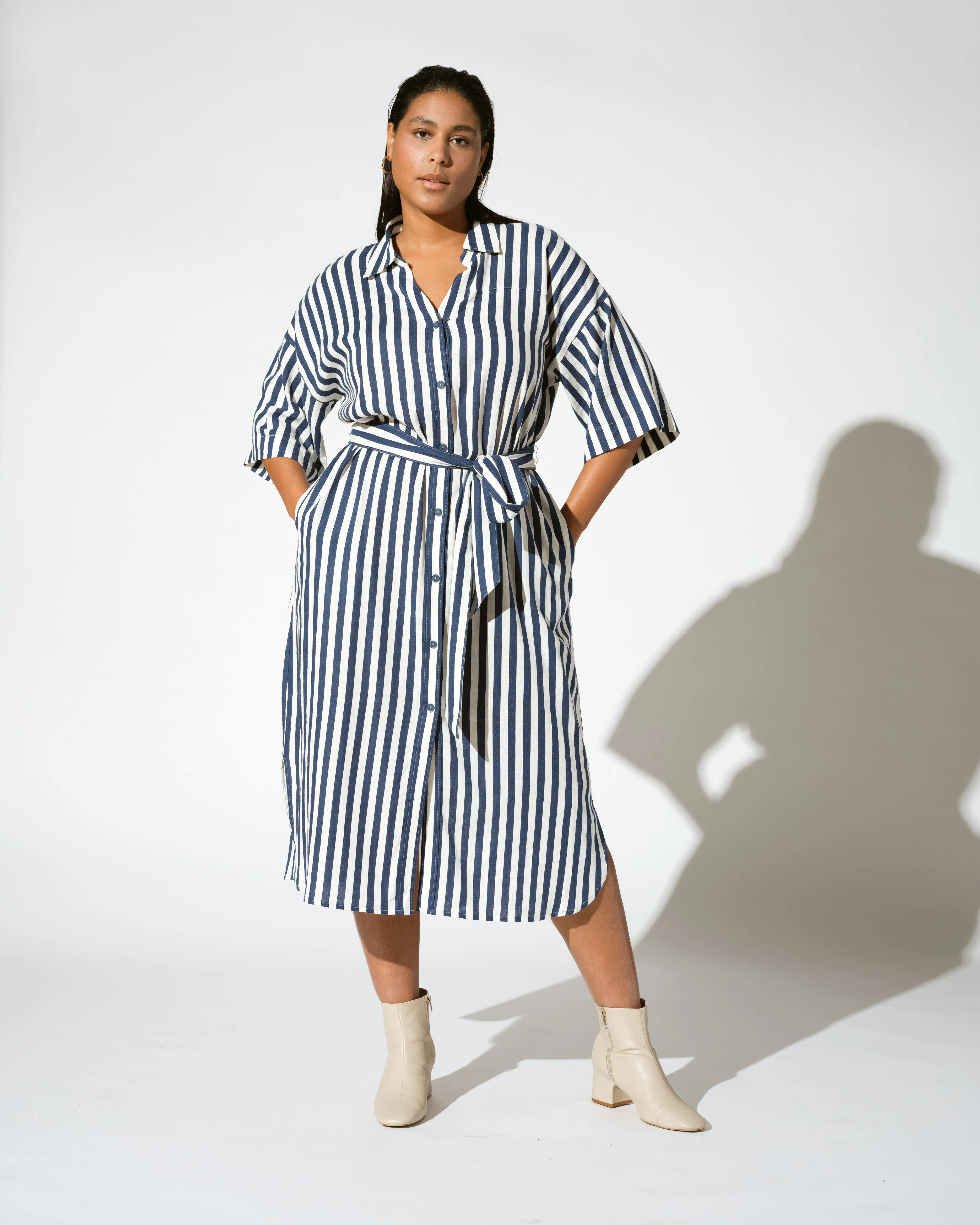 Plaza Linen Shirtdress - Deep Blue/White Stripe sold by Universal Standard