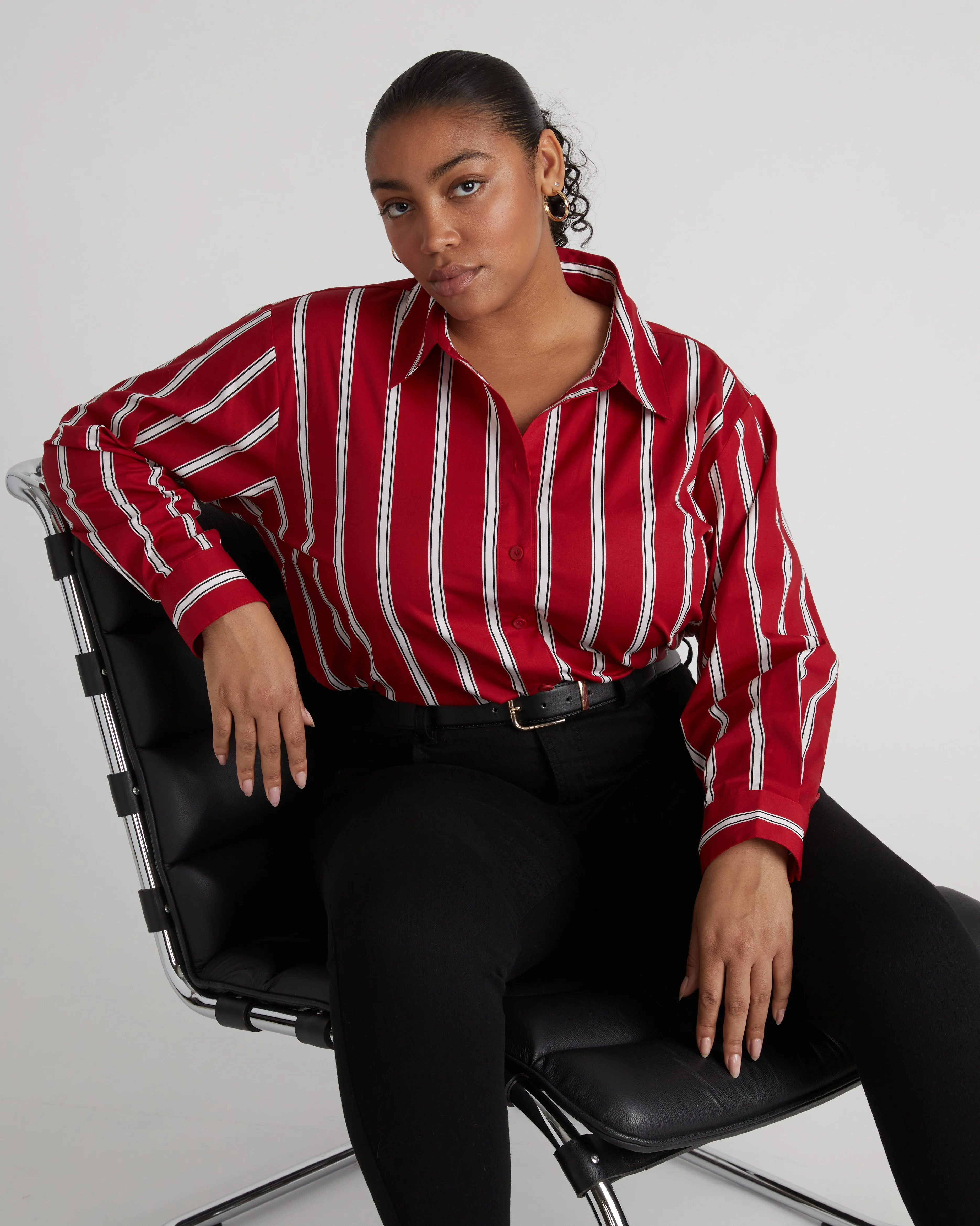 The Artist Poplin Shirt - Red/Black/White Stripe sold by Universal Standard