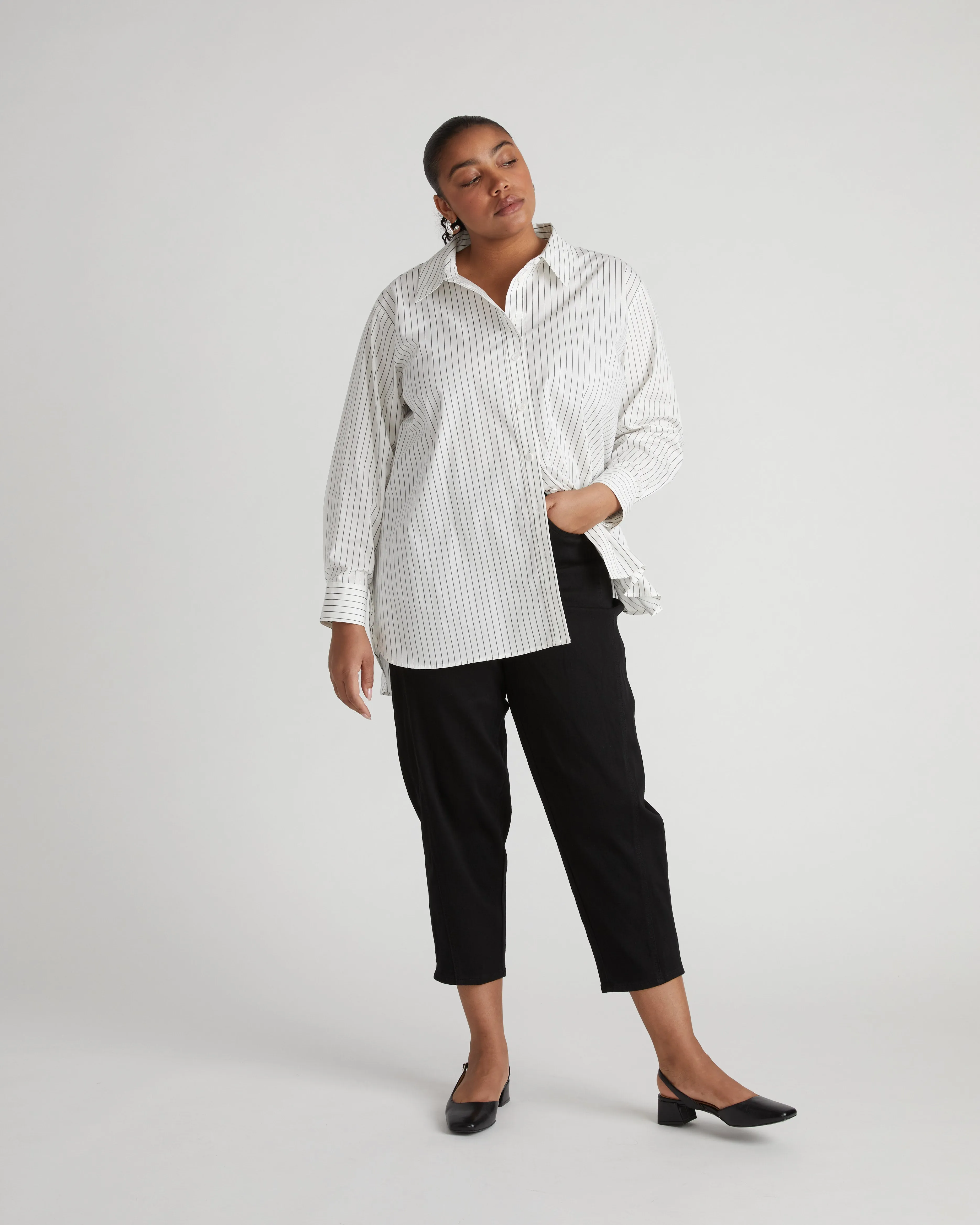 The Artist Poplin Shirt - White/Grey Stripe sold by Universal Standard